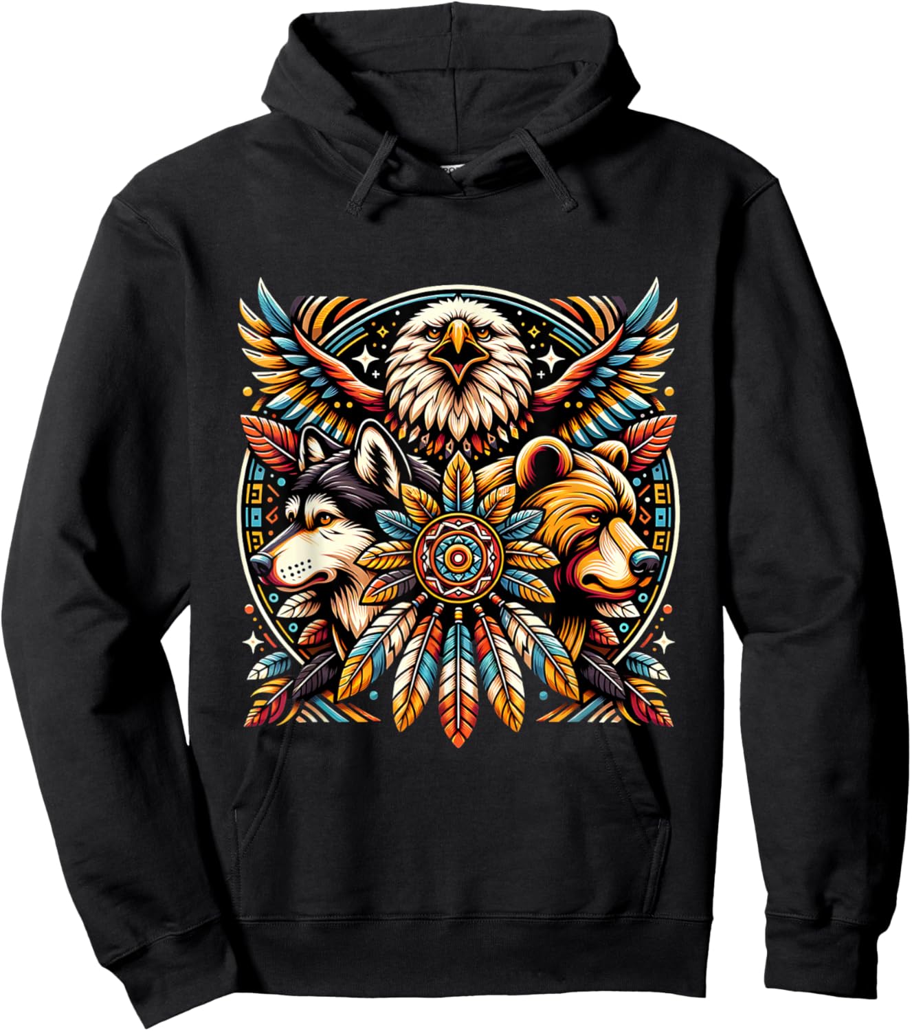 Native American Tribal Animals Bear Wolf Eagle Bohemian Hoodie - Hoodie | Black