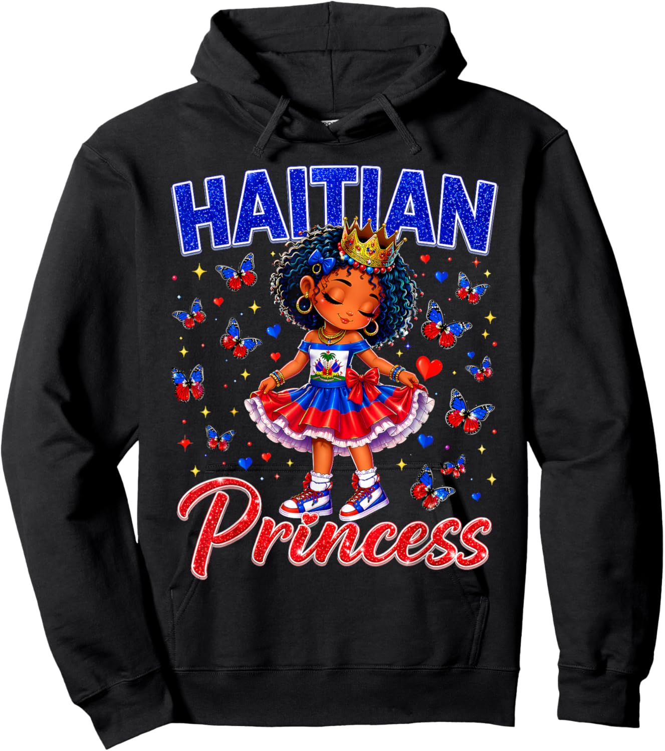 Cute Melanin Haitian Princess Haiti Flag Gift Girls Kids Hoodie - Hoodie | Black