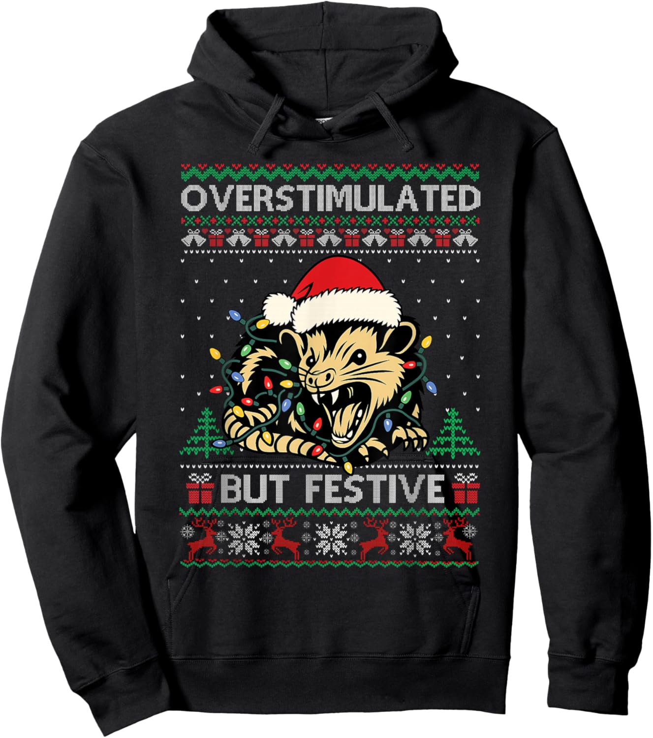 Overstimulated But Festive Possum Christmas Pajamas Ugly Hoodie - Hoodie | Black
