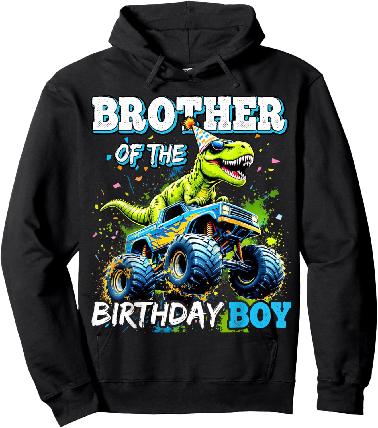 Brother of The Birthday Boy Monster Truck Dinosaur Party Hoodie - Hoodie | Black