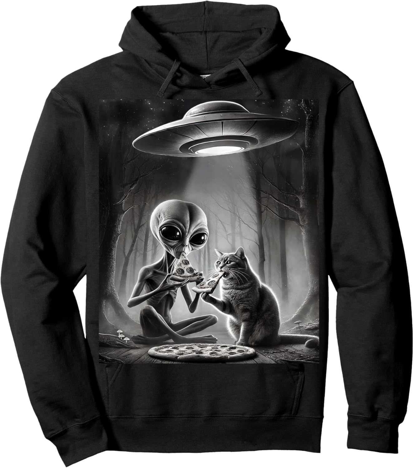 Funny Alien Cat Eating Pizza With UFO Spaceship Cryptid Meme Hoodie - Hoodie | Black