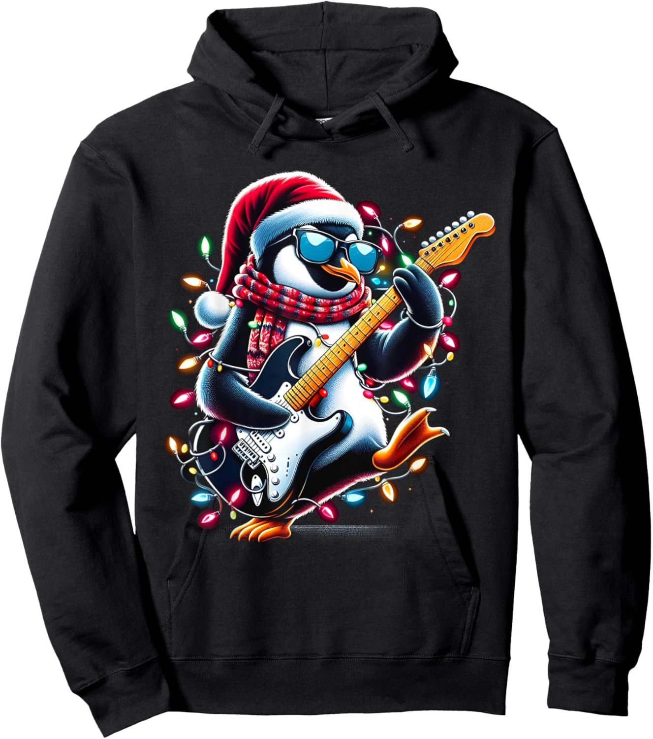 Penguin Playing Guitar Toddler Penguin Christmas Light Xmas Hoodie - Hoodie | Black