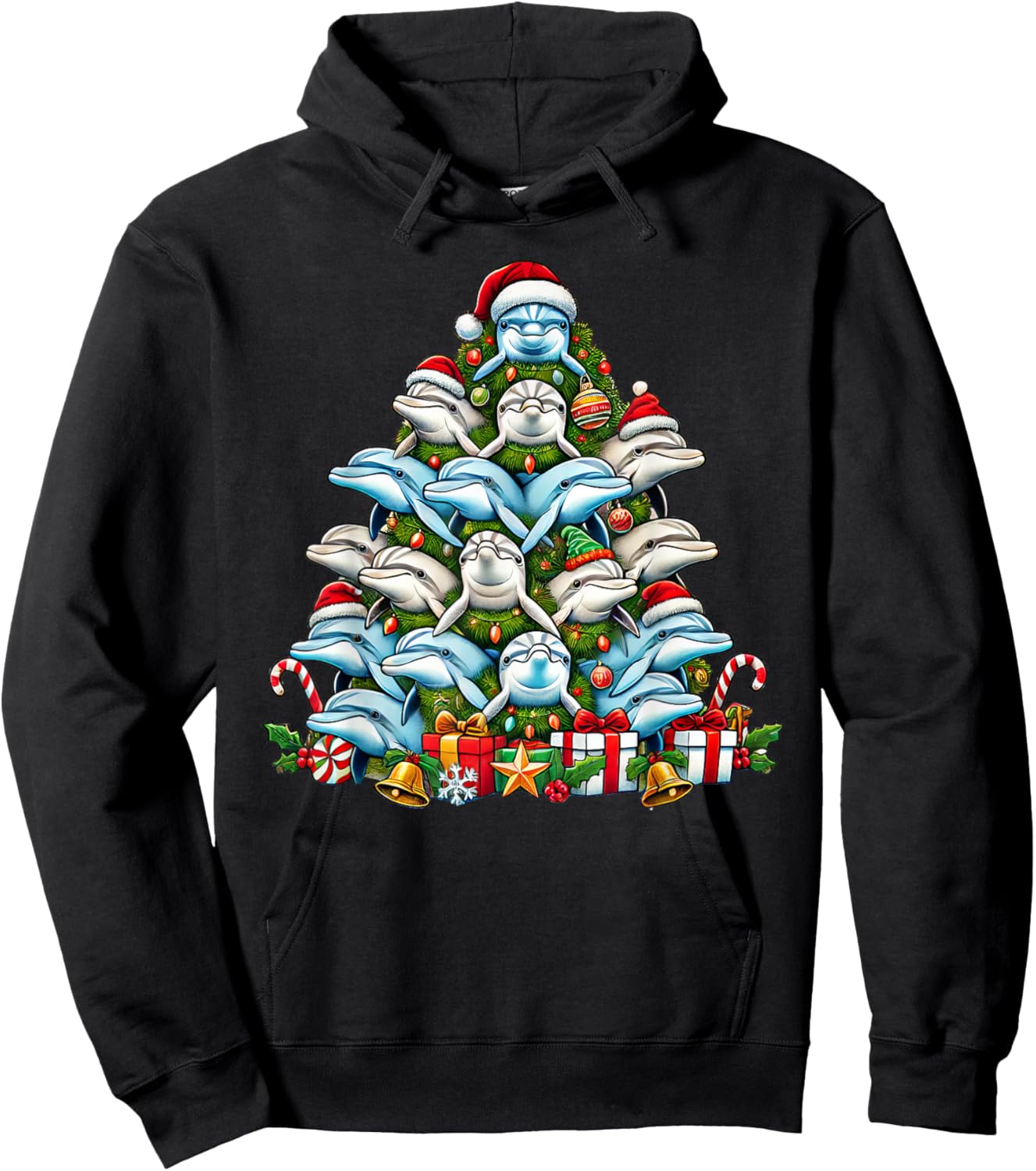 Dolphin Christmas Tree Funny Dolphin Xmas Hoodie - Hoodie | Black