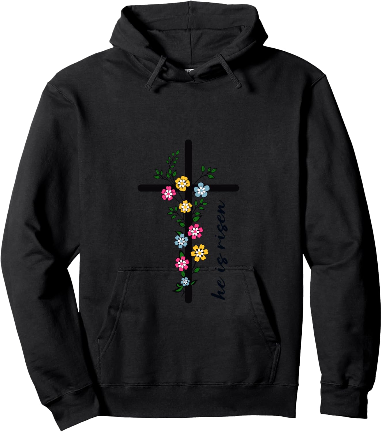 He Is Risen Floral Cross Faith-Based Women Easter Christian Hoodie - Hoodie | Black