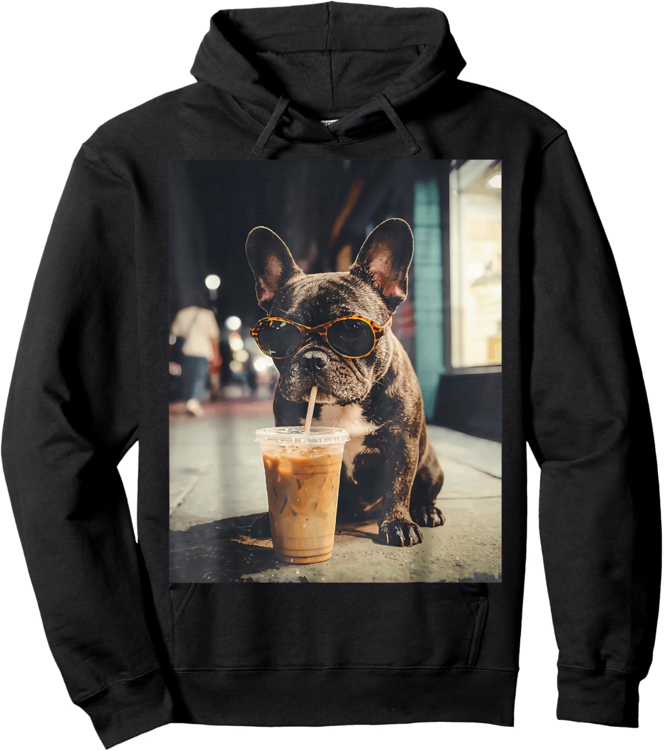 Französische Bulldogge trinkt Eiskaffee, lustiges Tier Hoodie - Hoodie | Black