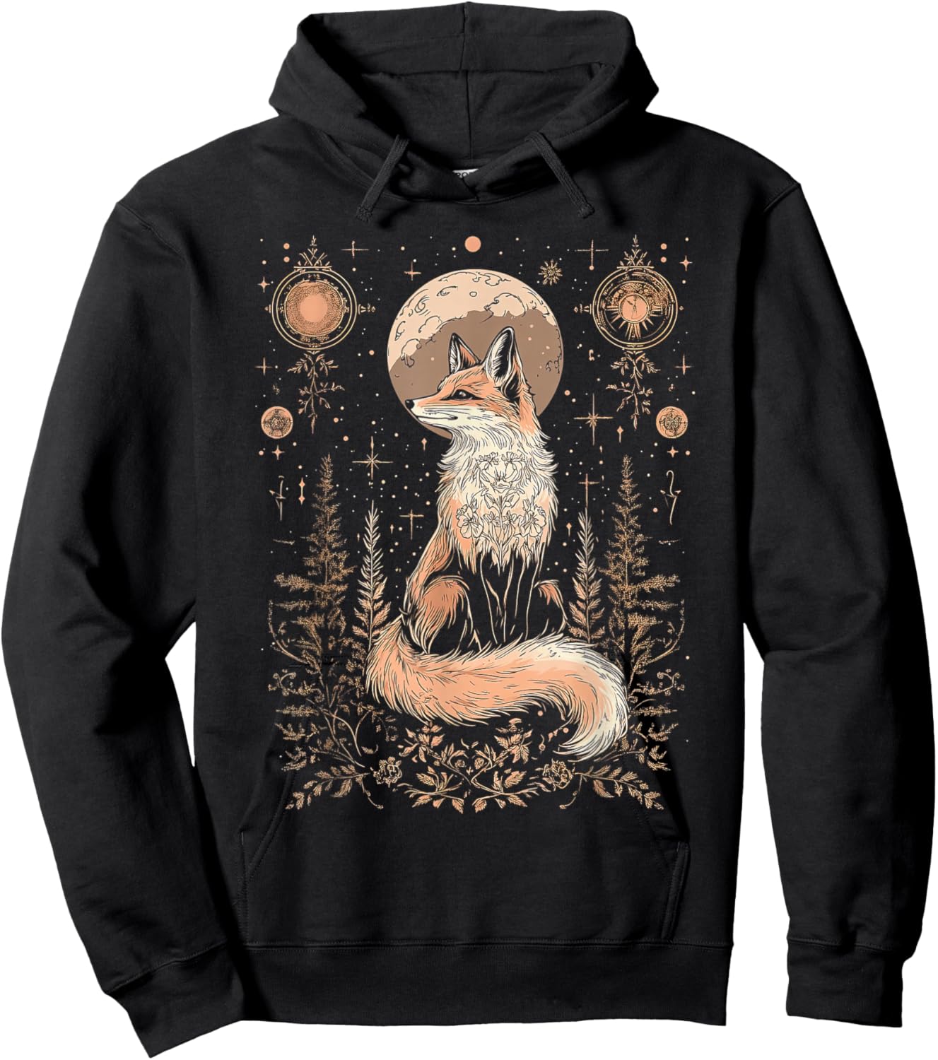 Mystic Moon and Moonphase Fox Mystical Flowers Aesthetic Hoodie - Hoodie | Black