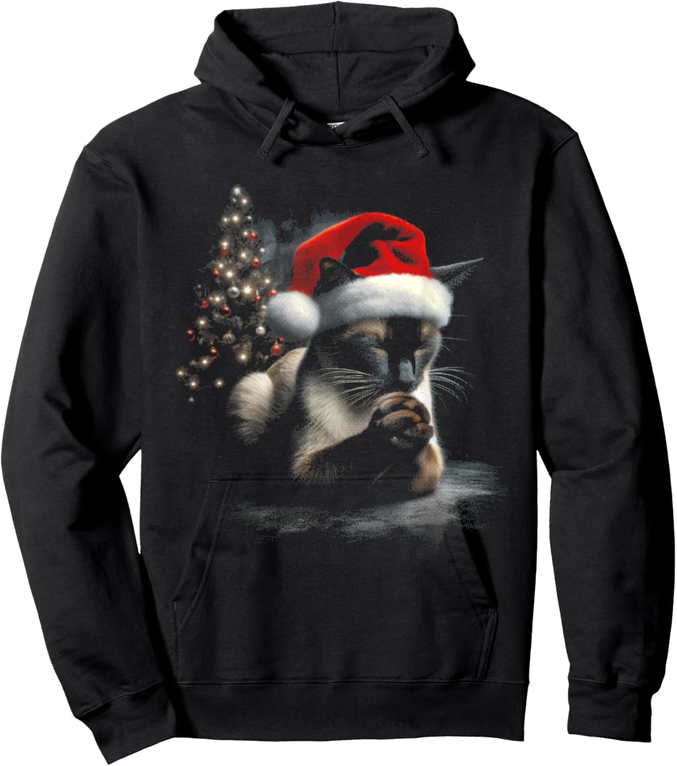 Siamese Cat Santa Hat - Vintage Cat Xmas Christmas Lover Hoodie - Hoodie | Black