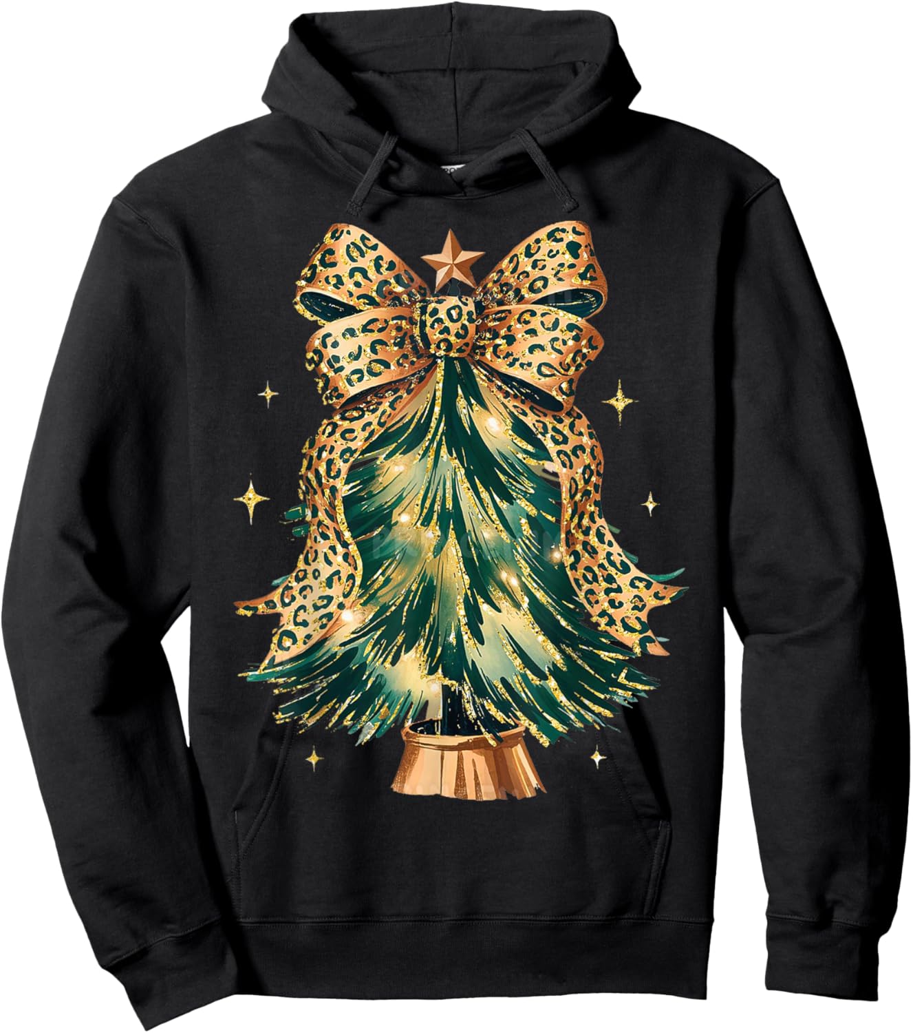 Leopard Bow Christmas Tree Glam Holiday Winter Hoodie - Hoodie | Black