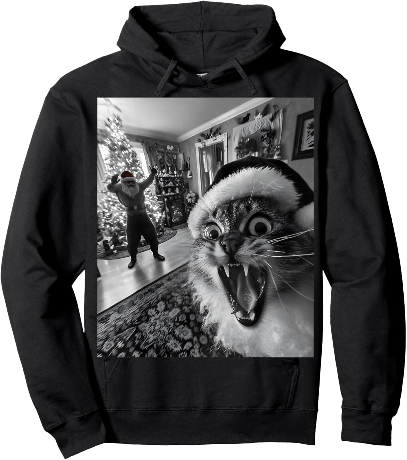 Funny Cat Selfie With Santa Christmas Men Women Hoodie - Hoodie | Black