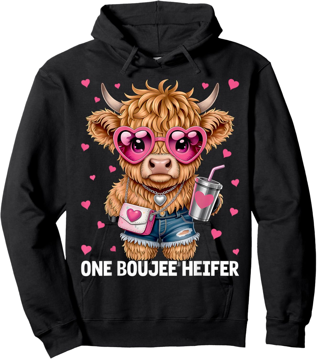 Adorable Highland Cow One Boujee Heifer Hoodie - Hoodie | Black