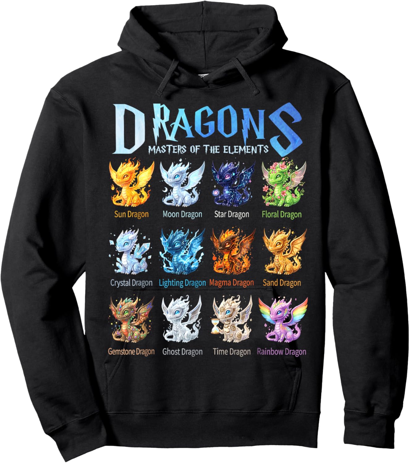 Dragons Masters of The Element Chart - Fantasy Dragon Types Hoodie - Hoodie | Black