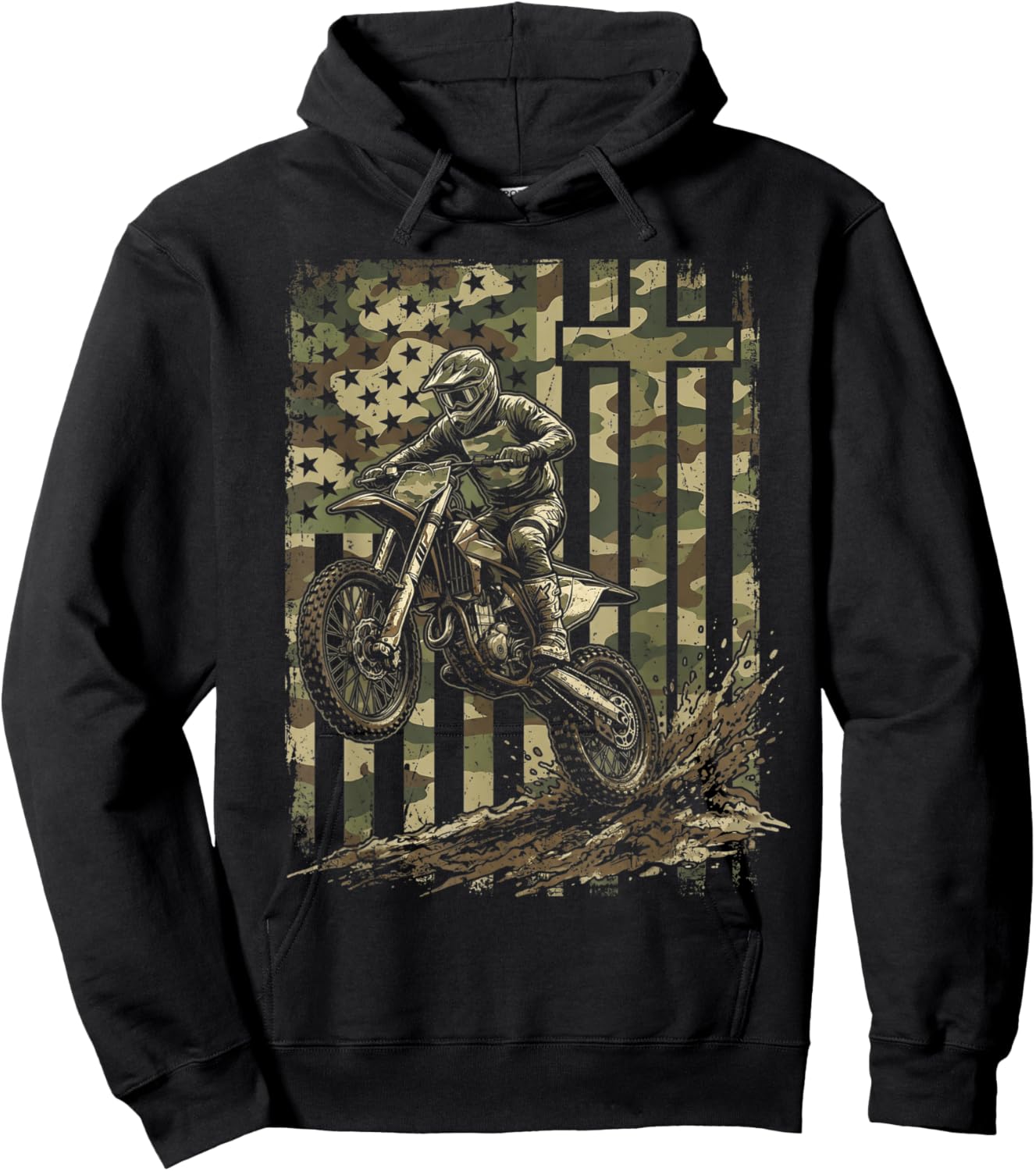 Patriotic Dirt Bike Camo American Flag Christian Motocross Hoodie - Hoodie | Black