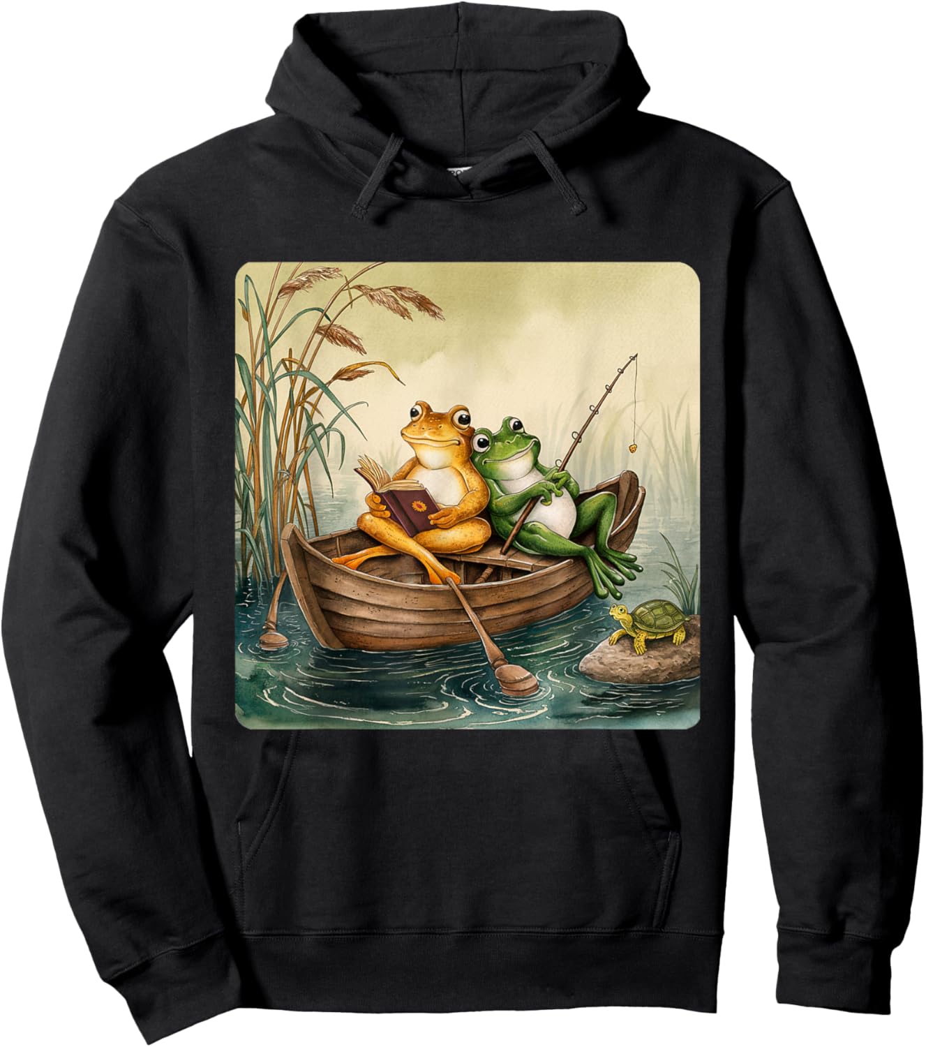 Toad Reading Book And Frog Fishing Vintage Couple Friends Hoodie - Hoodie | Black