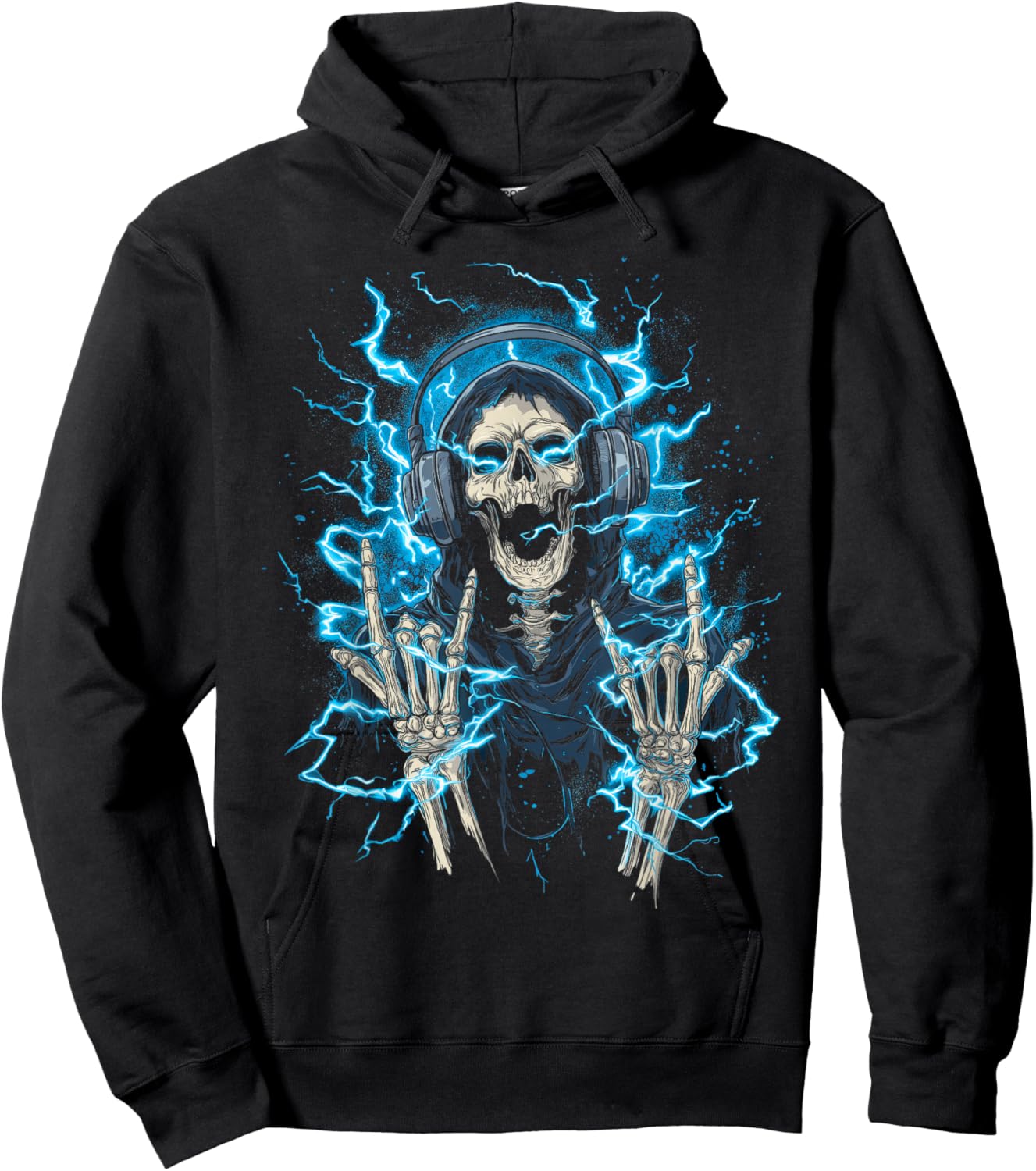 Y2k Gothic Emo Skull Electric Skeleton DJ Headphones Hoodie - Hoodie | Black