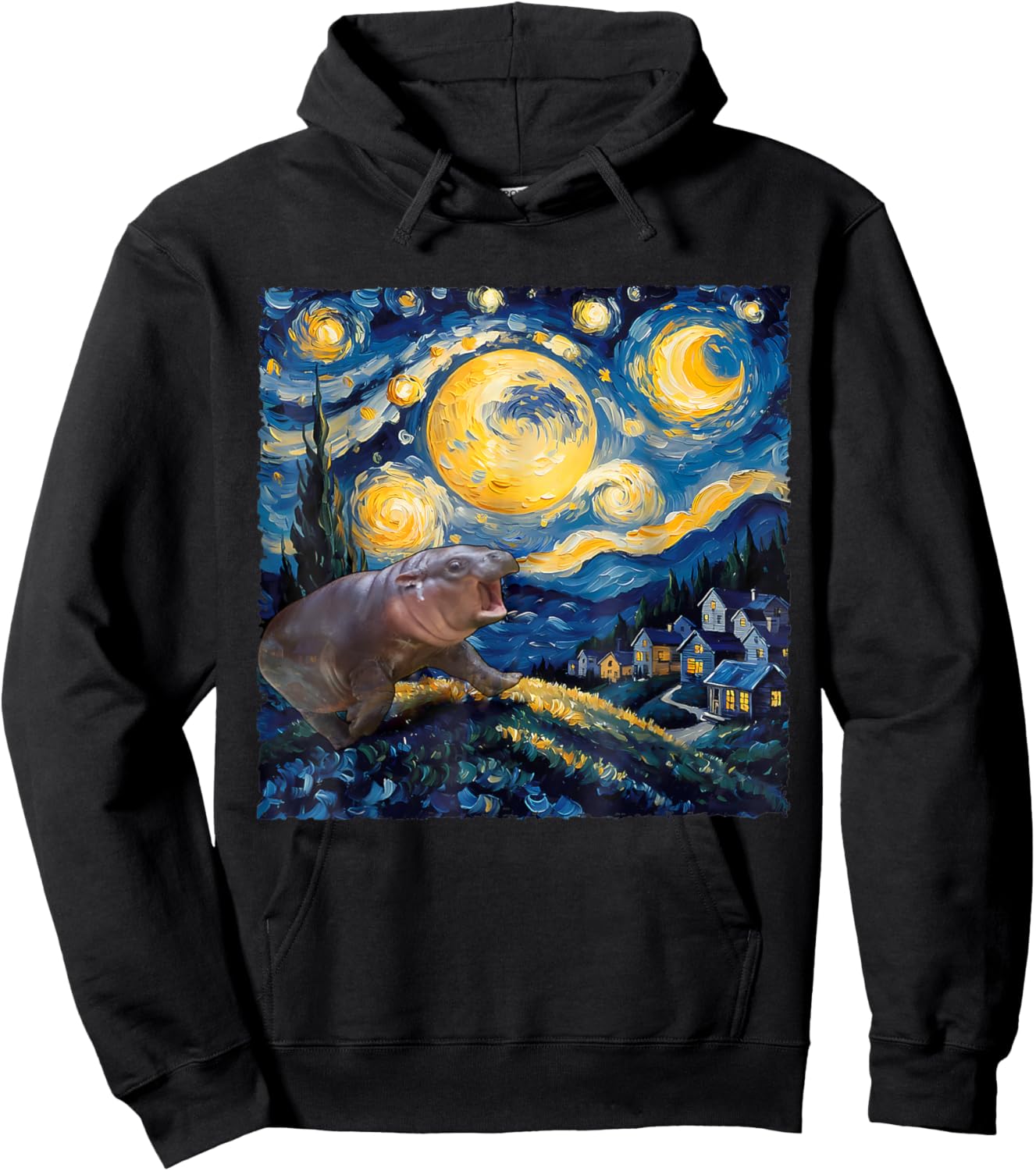 Moo-Deng Starry Night Van Gogh Funny Moo-Deng Meme Hoodie - Hoodie | Black