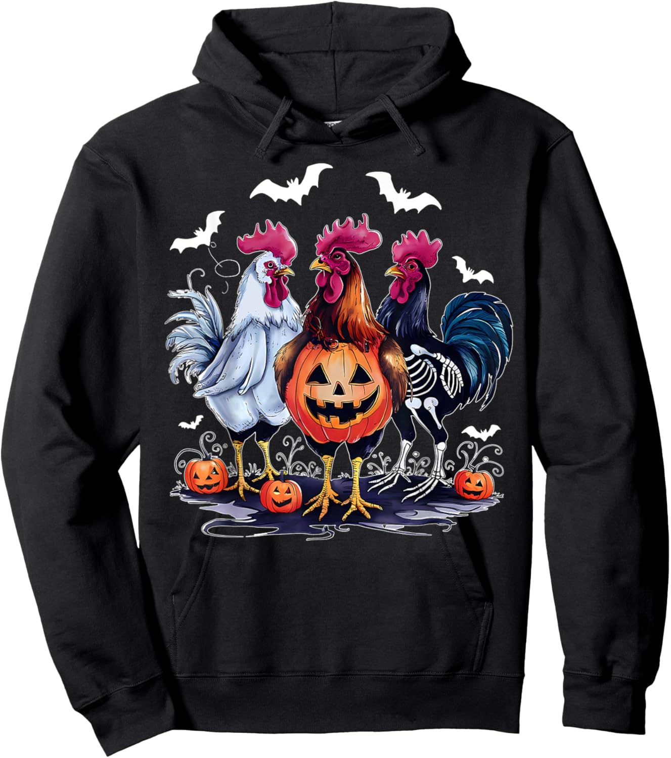 Retro Pumpkin Rooster Bat Chicken Farm Animal Spooky Party Hoodie - Hoodie | Black