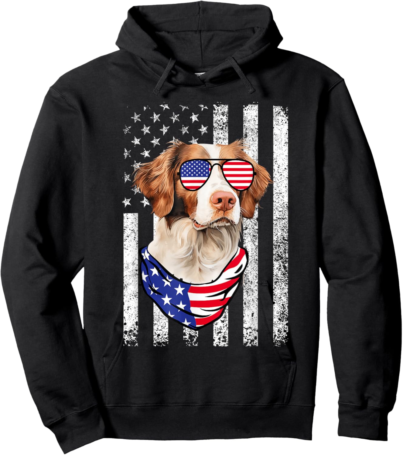 Brittany Spaniel American Flag USA Patriotic 4th of July Hoodie - Hoodie | Black