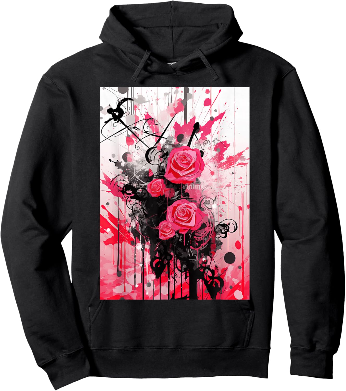 Frutiger Metro: Pink Roses Stars Hearts Paper Hoodie - Hoodie | Black