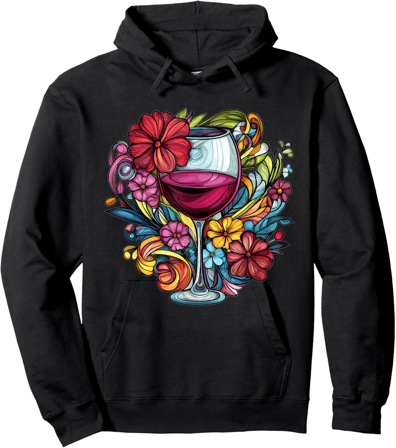 Elegant Wine Glass With Floral Blooms Hoodie - Hoodie | Black