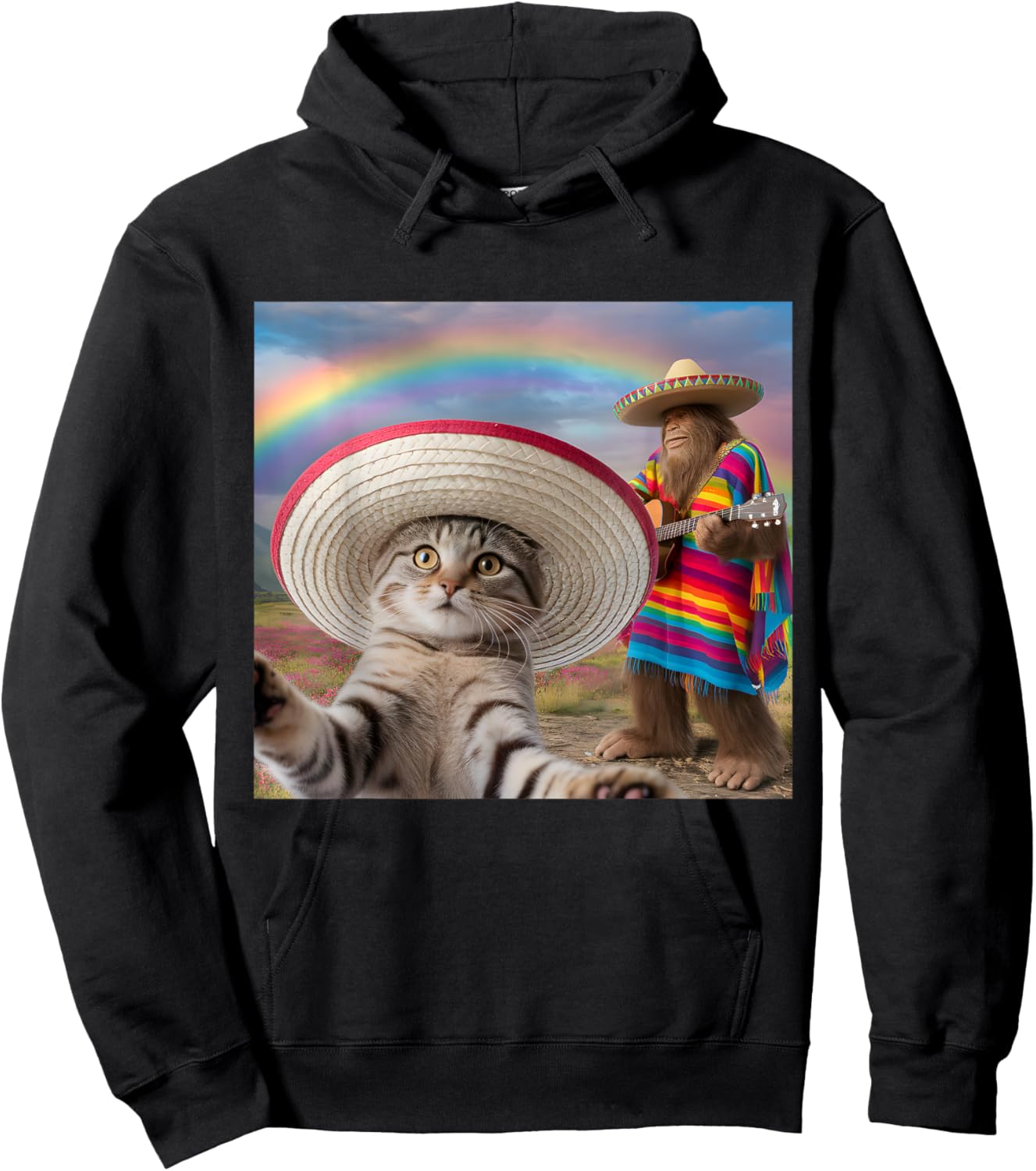 Funny Cat Selfie With Bigfoot Cinco de Mayo Men Women Kids Hoodie - Hoodie | Black