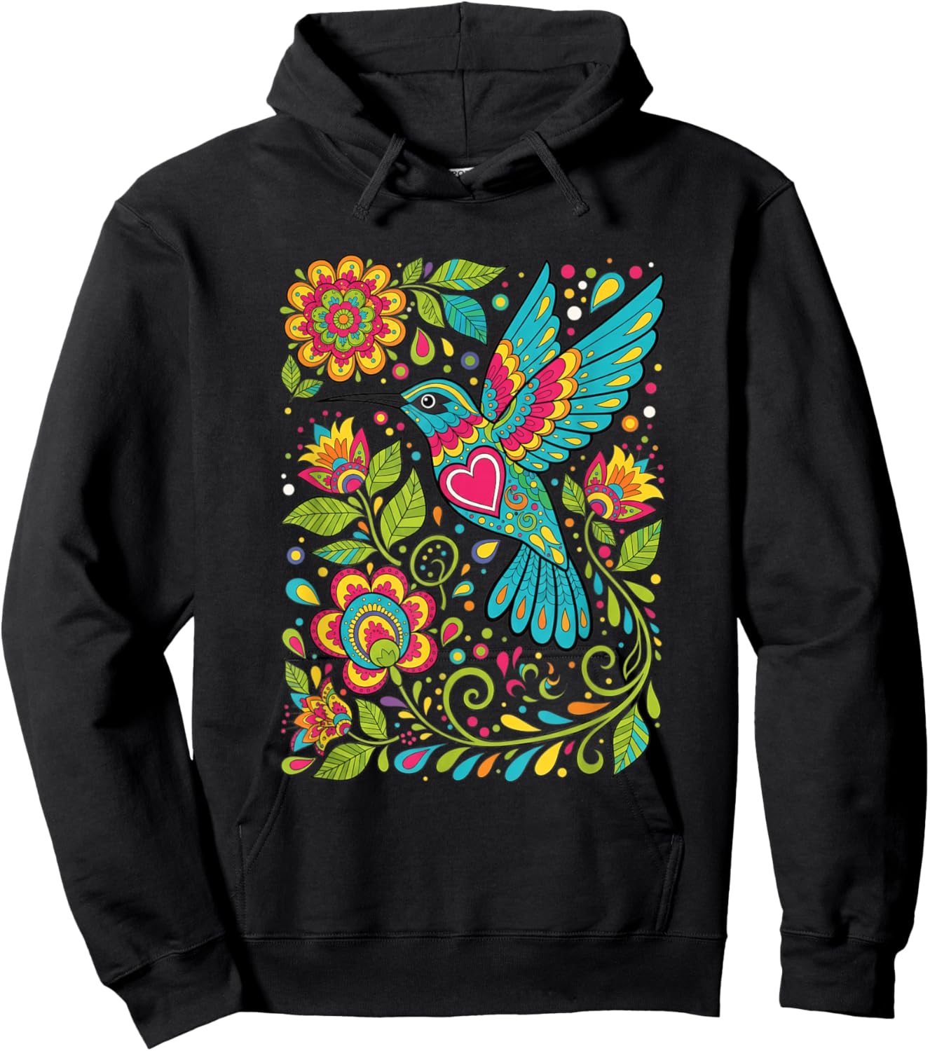Bird Hummingbird Floral Folk-Art Colorful Hoodie - Hoodie | Black