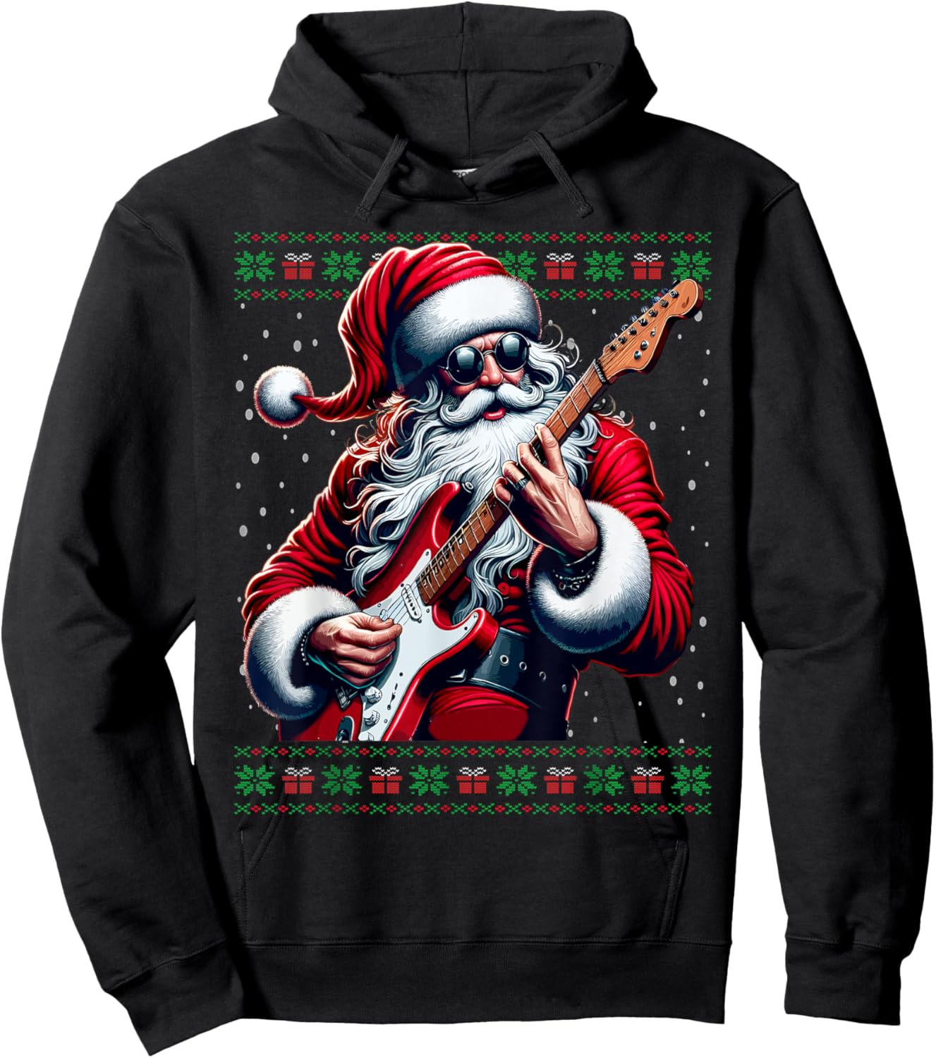 Santa Guitar Musician Guitarist Ugly Christmas Sweater Hoodie - Hoodie | Black