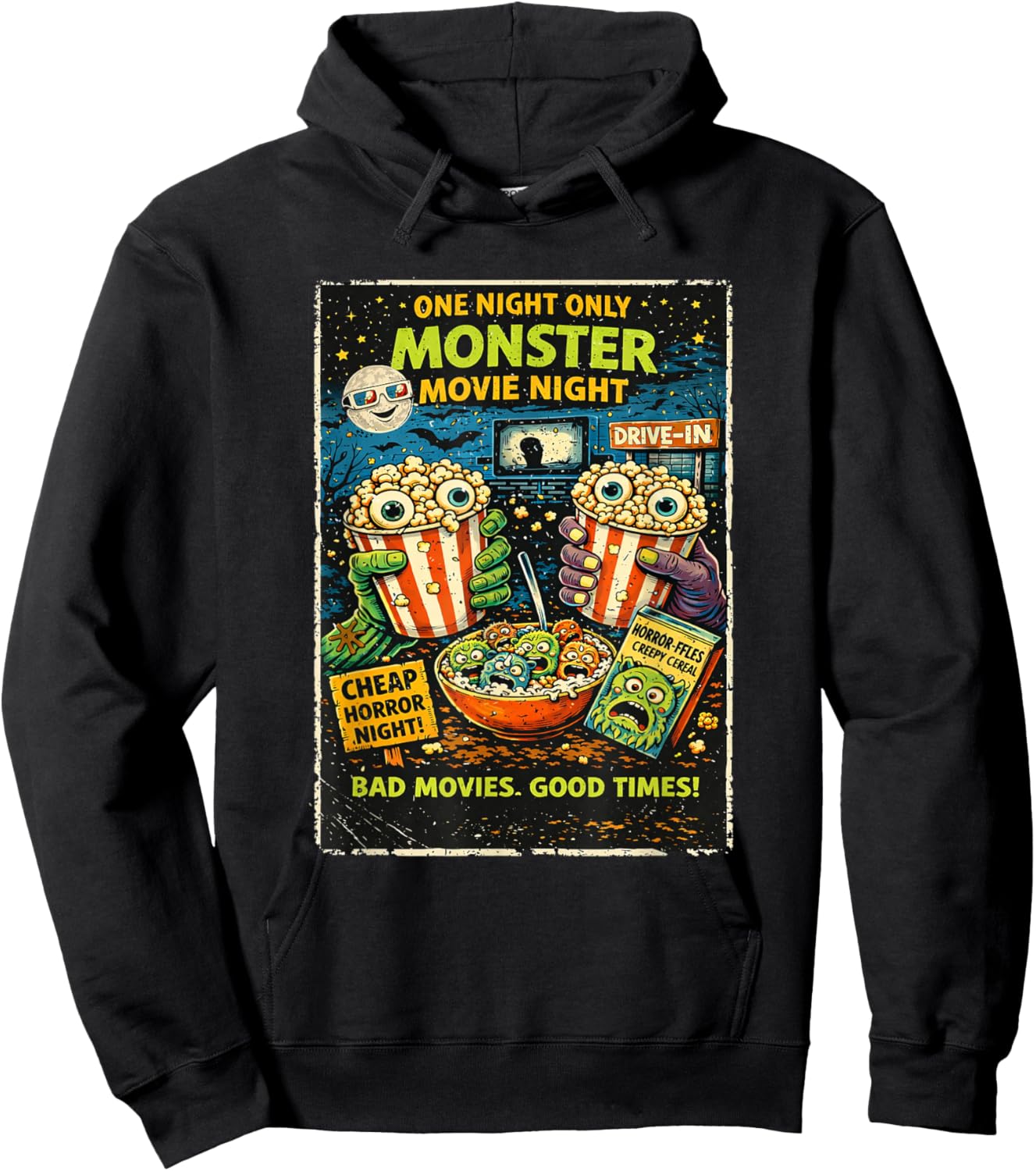 Design Film Horreur Rétro avec Popcorn Monstres Drive-in Hoodie - Hoodie | Black
