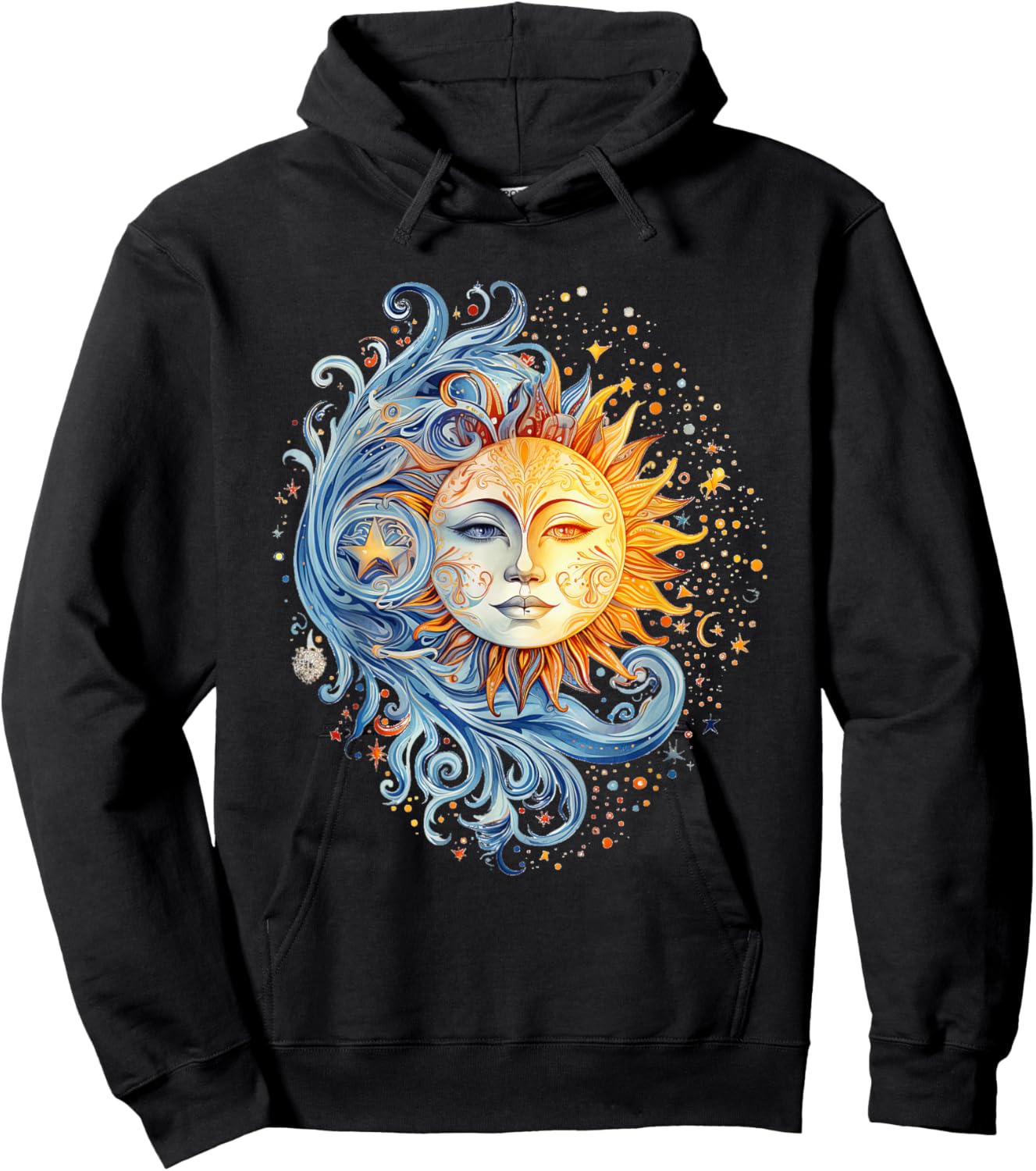 Mystical Sun and Moon with Woman Mystical Flowers Aesthetic Hoodie - Hoodie | Black
