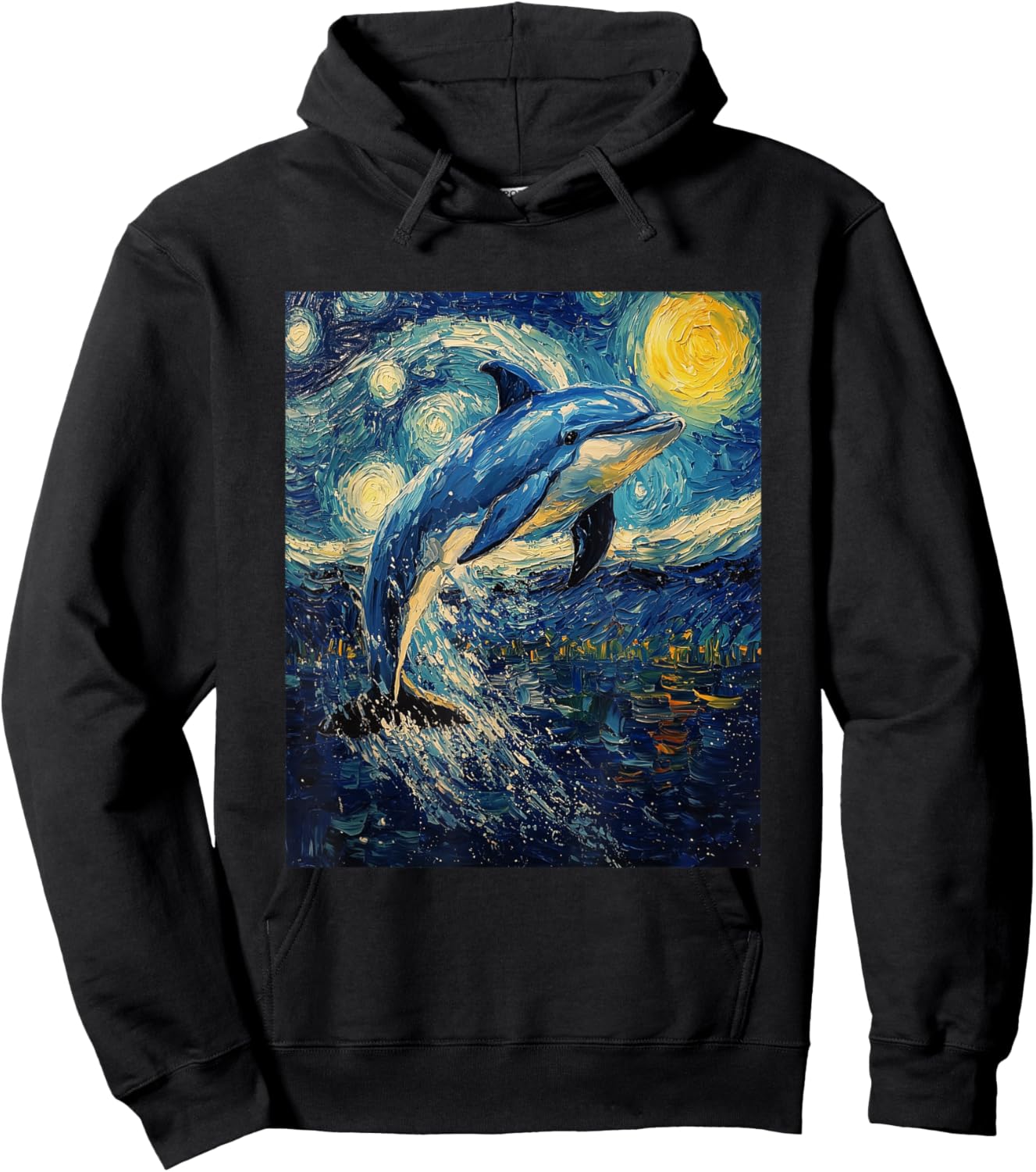 Cute Dolphin - Van Gogh Style - Starry Night Graphic Hoodie - Hoodie | Black