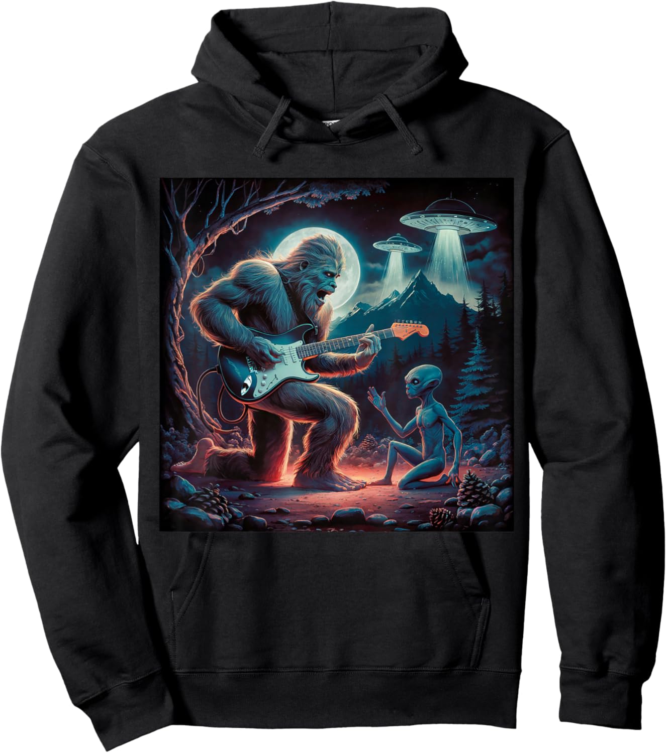 Alien Bigfoot Guitar Sasquatch UFO Hoodie - Hoodie | Black