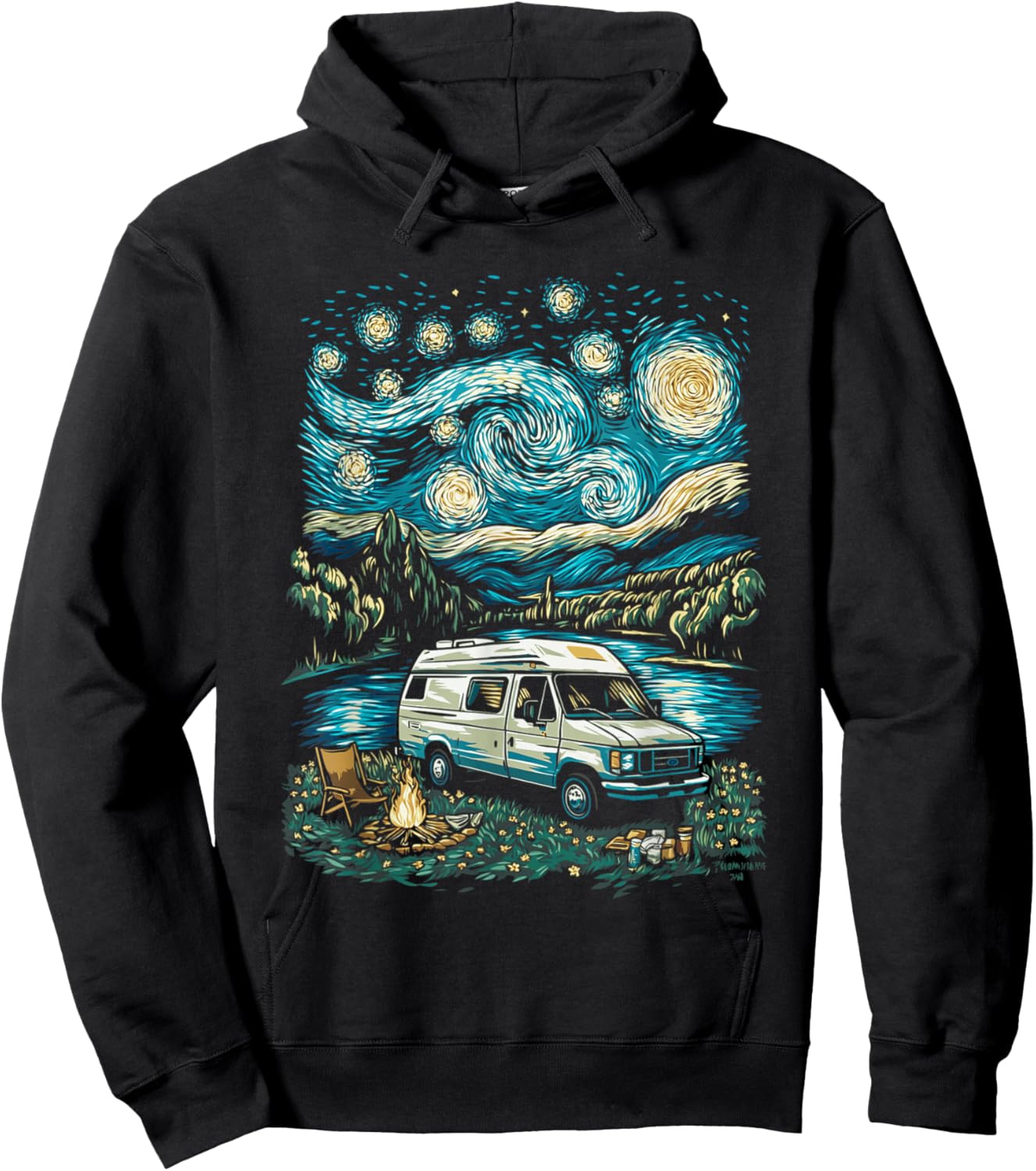 Camper Van Adventure Under Starry Sky Near Flowing River Hoodie - Hoodie | Black