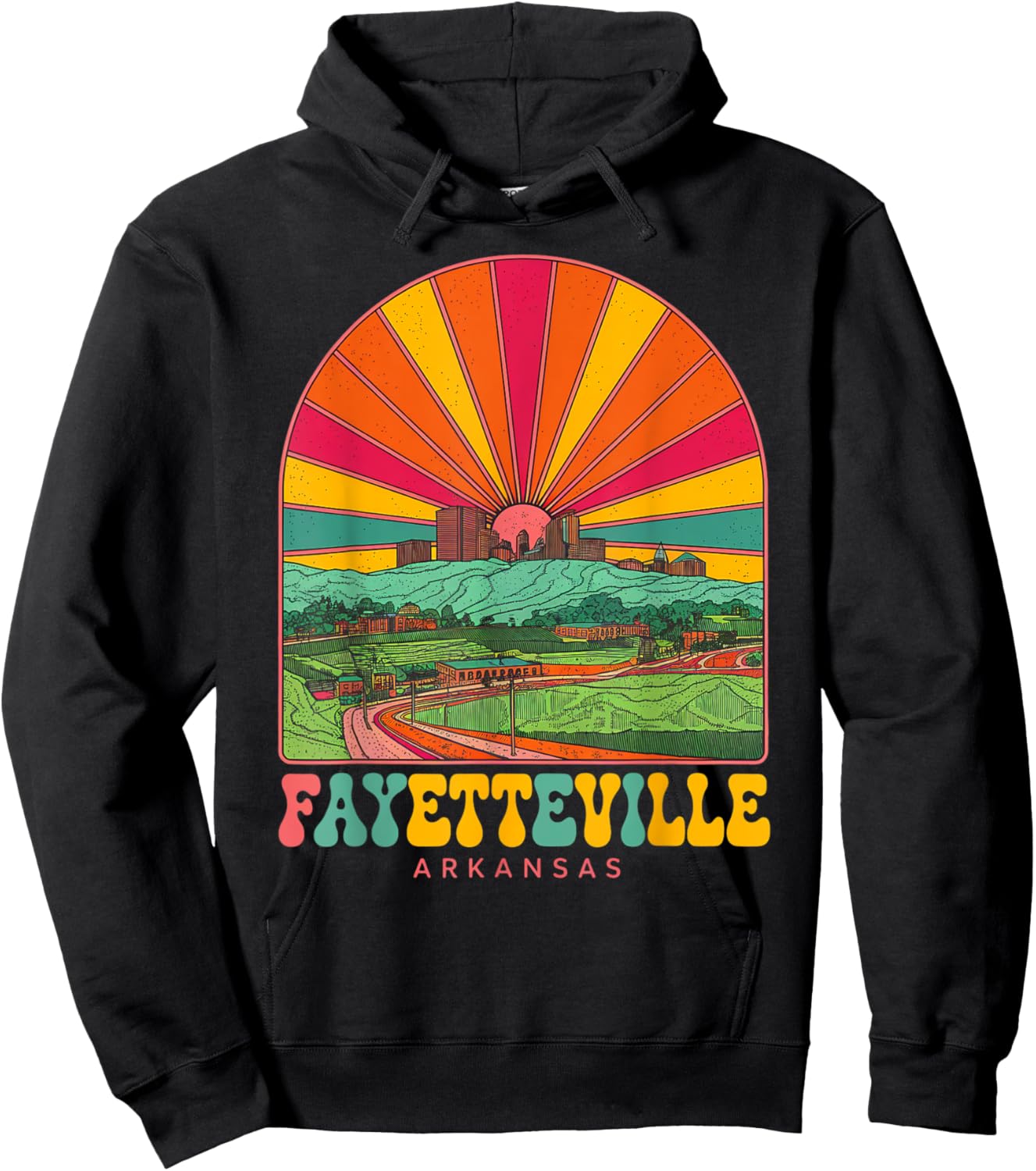 Vintage Fayetteville Arkansas Sunset Skyline Cityscape Retro Hoodie - Hoodie | Black