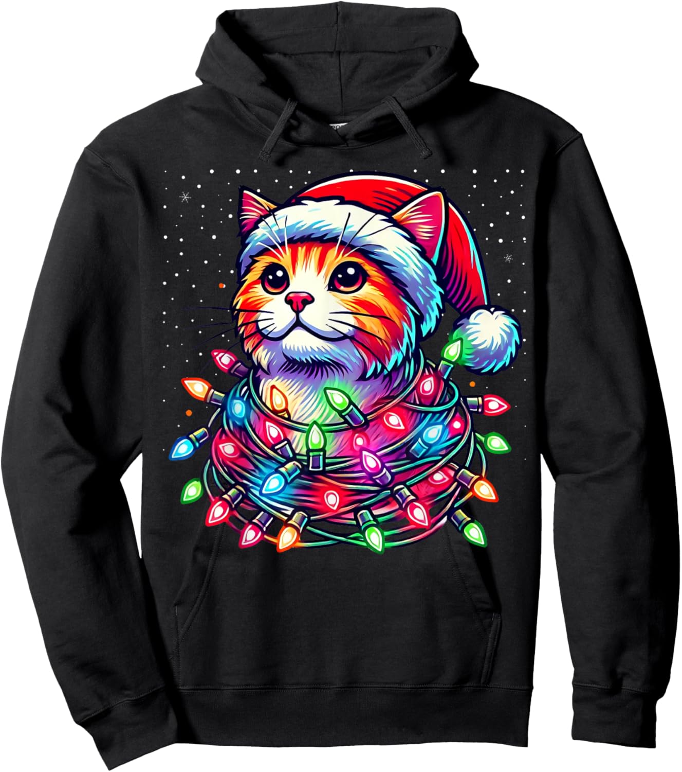Santa Cat Tangled Up in Christmas Lights Funny Xmas Pajama Hoodie - Hoodie | Black