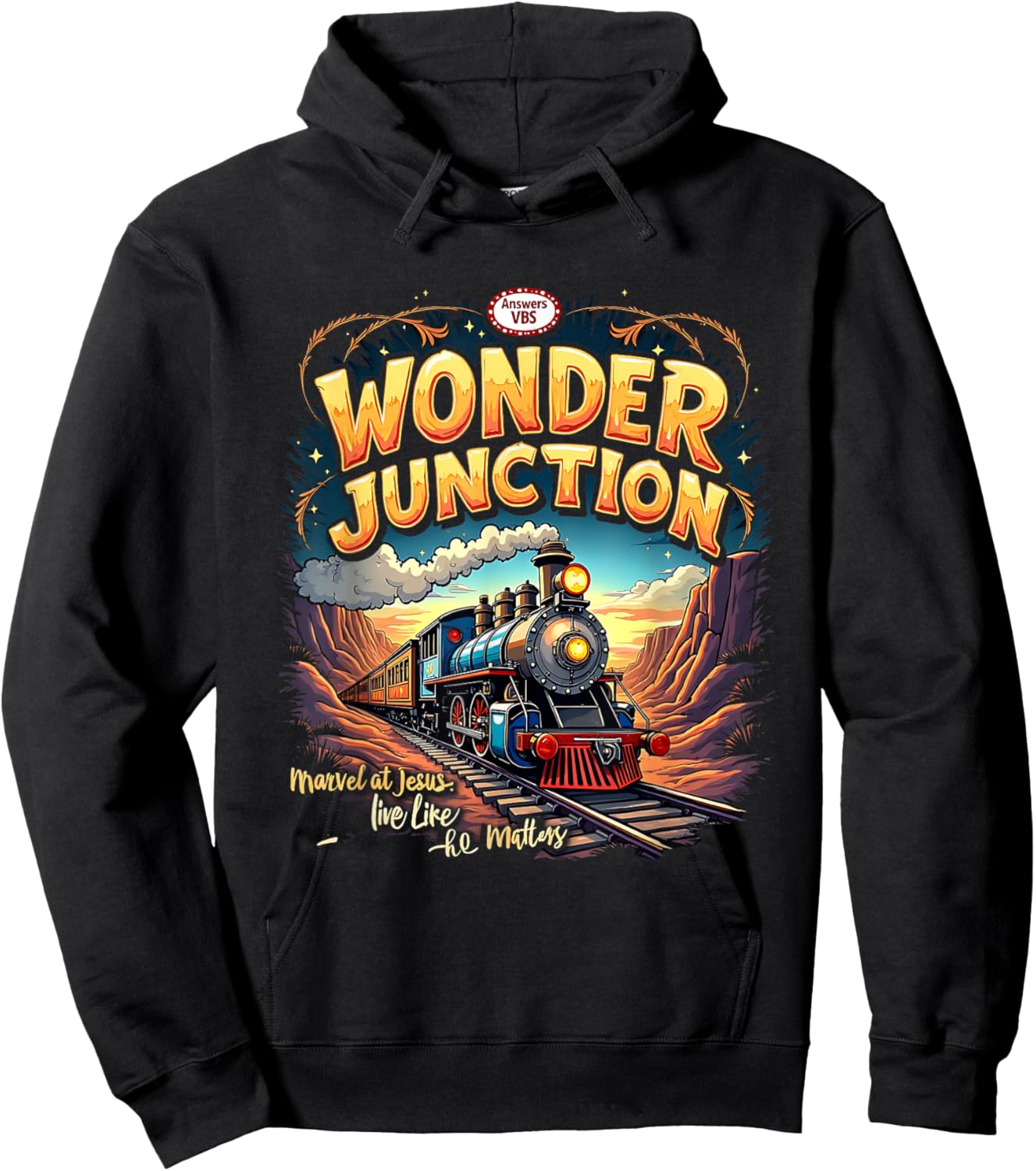 Vintage Wonder Junction VBS Train Theme Christian Graphic Hoodie - Hoodie | Black