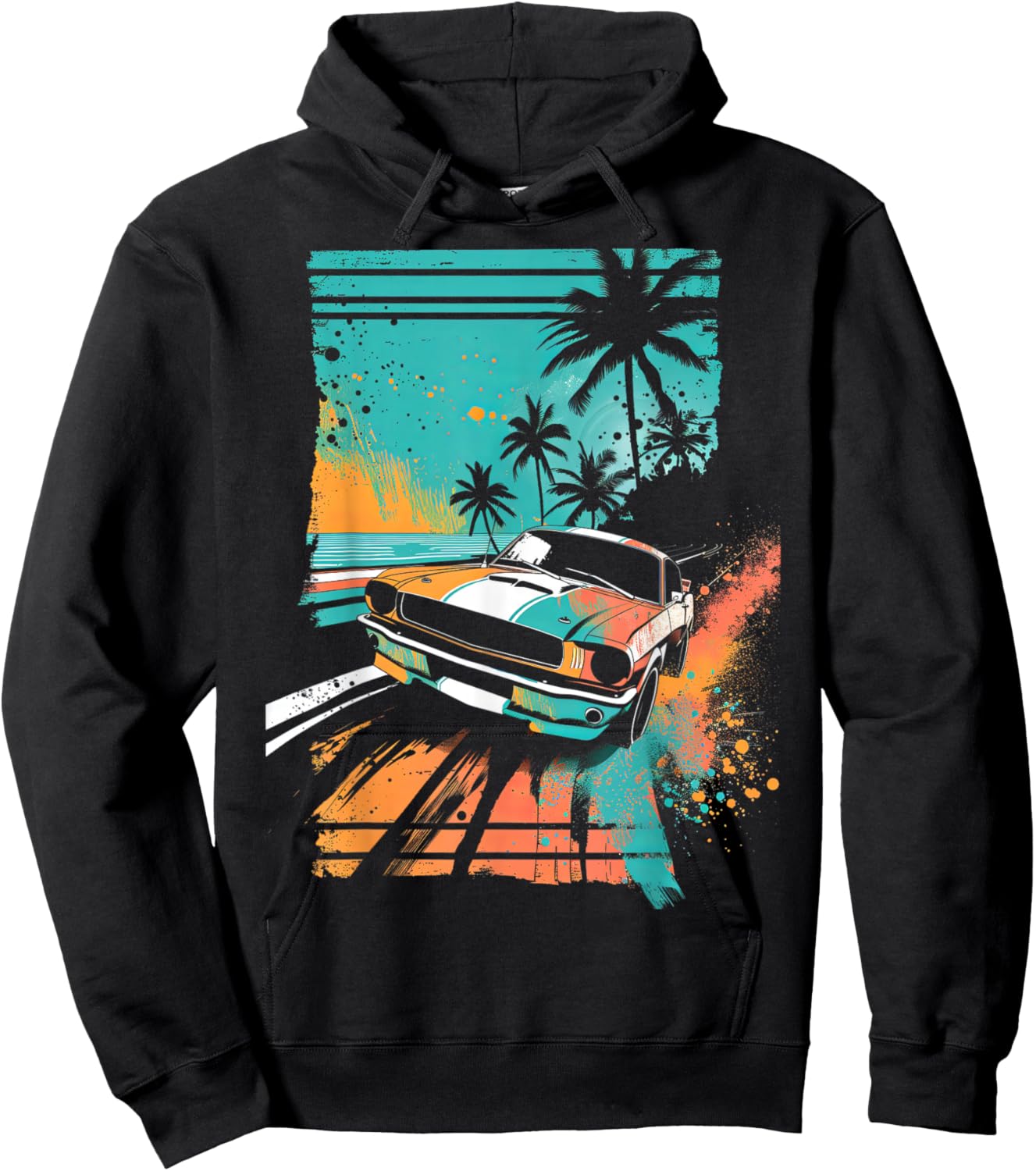 Vintage Car Teal Sunset Tropical Beach Hoodie - Hoodie | Black