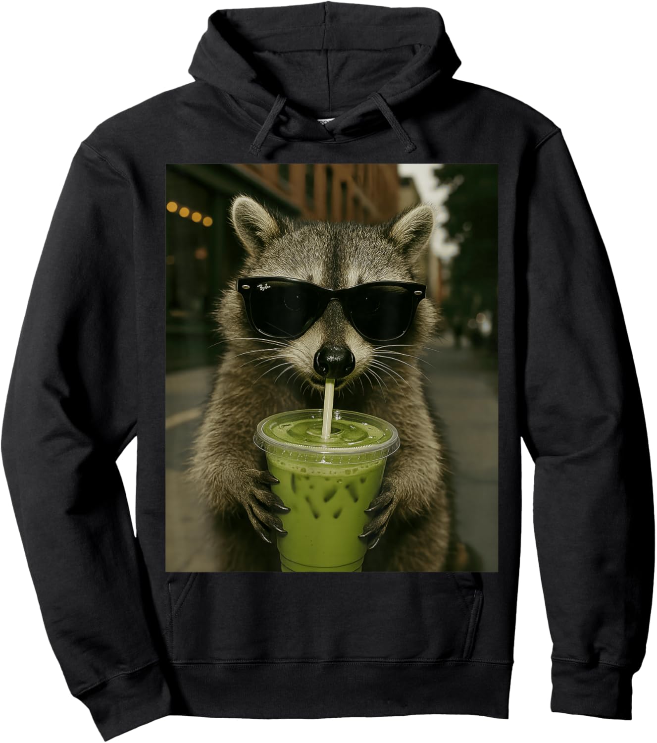 KI-generierter lustiger Gen-Z-Meme Matcha Latte-Waschbär im Retro-Look Hoodie - Hoodie | Black