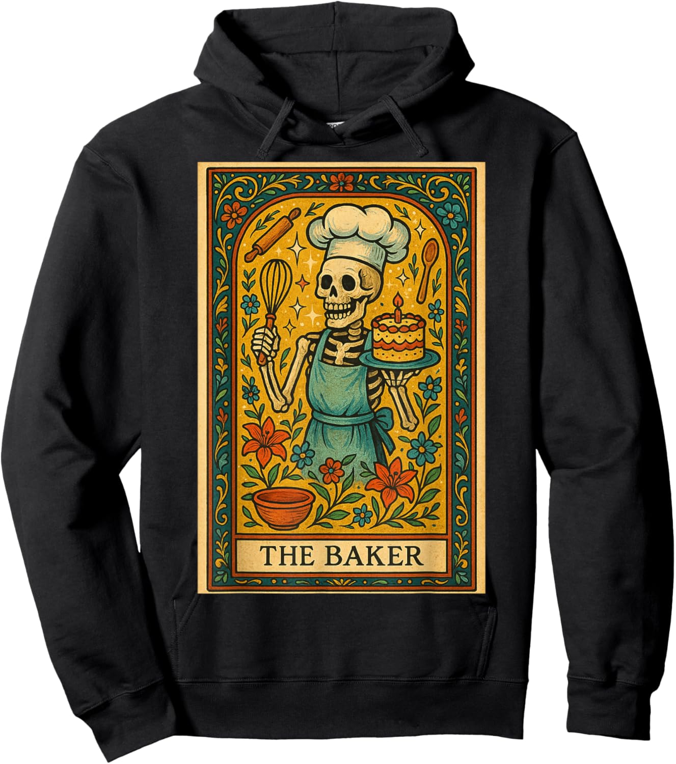 Skeleton Baker Tarot Card Whimsical Culinary Spooky Chef Hoodie - Hoodie | Black
