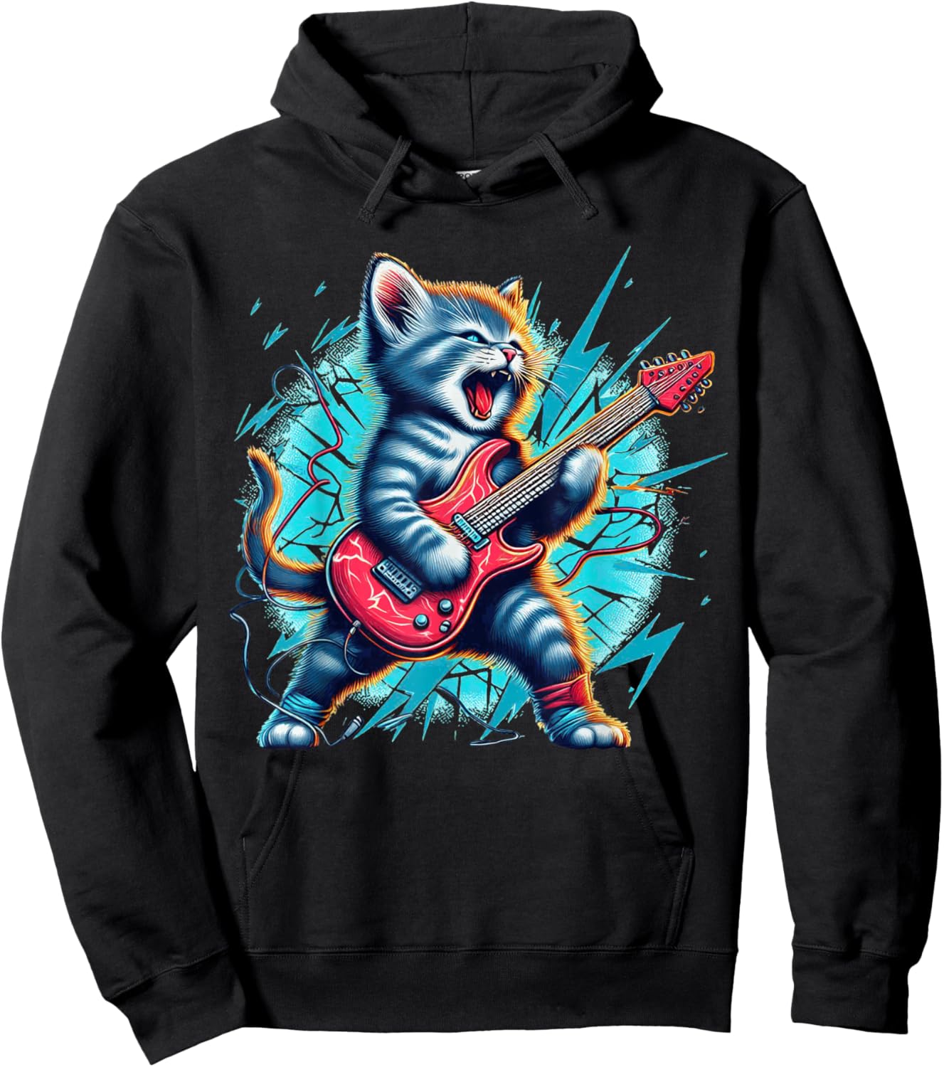 Rockstar Kitten Cute Cat playing Guitar Adorable Music Art Hoodie - Hoodie | Black