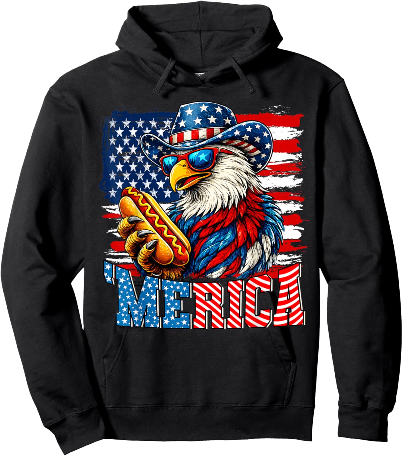 4th of July Merica Eagle Hotdog Lover USA Flag Patriotic Hoodie - Hoodie | Black