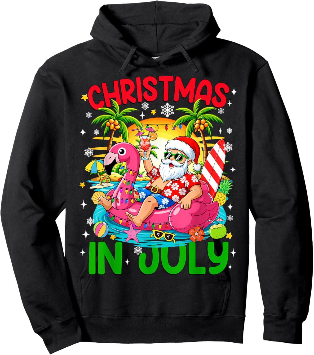 Funny Christmas in July Santa Flamingo Float Summer Xmas Kid Hoodie - Hoodie | Black
