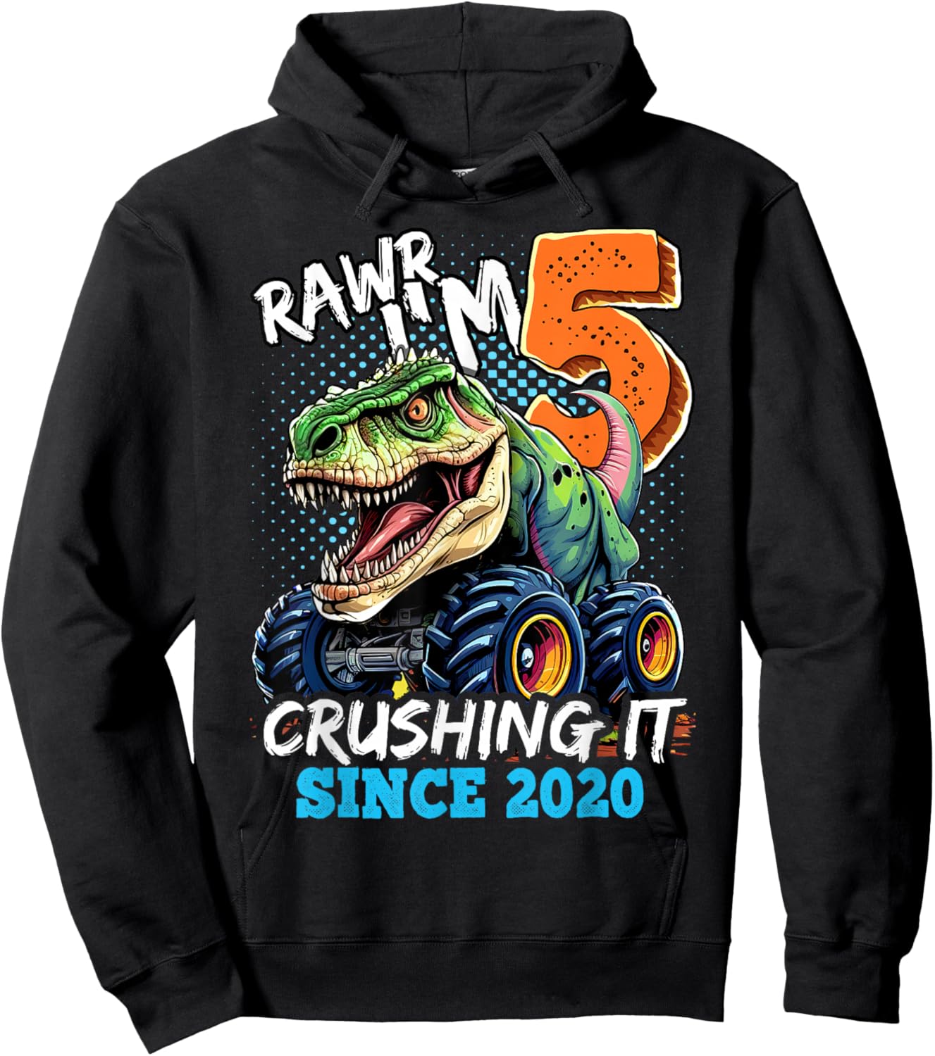 5th Birthday Monster Truck Dinosaur Party Boys Rawr I'm 5 Hoodie - Hoodie | Black