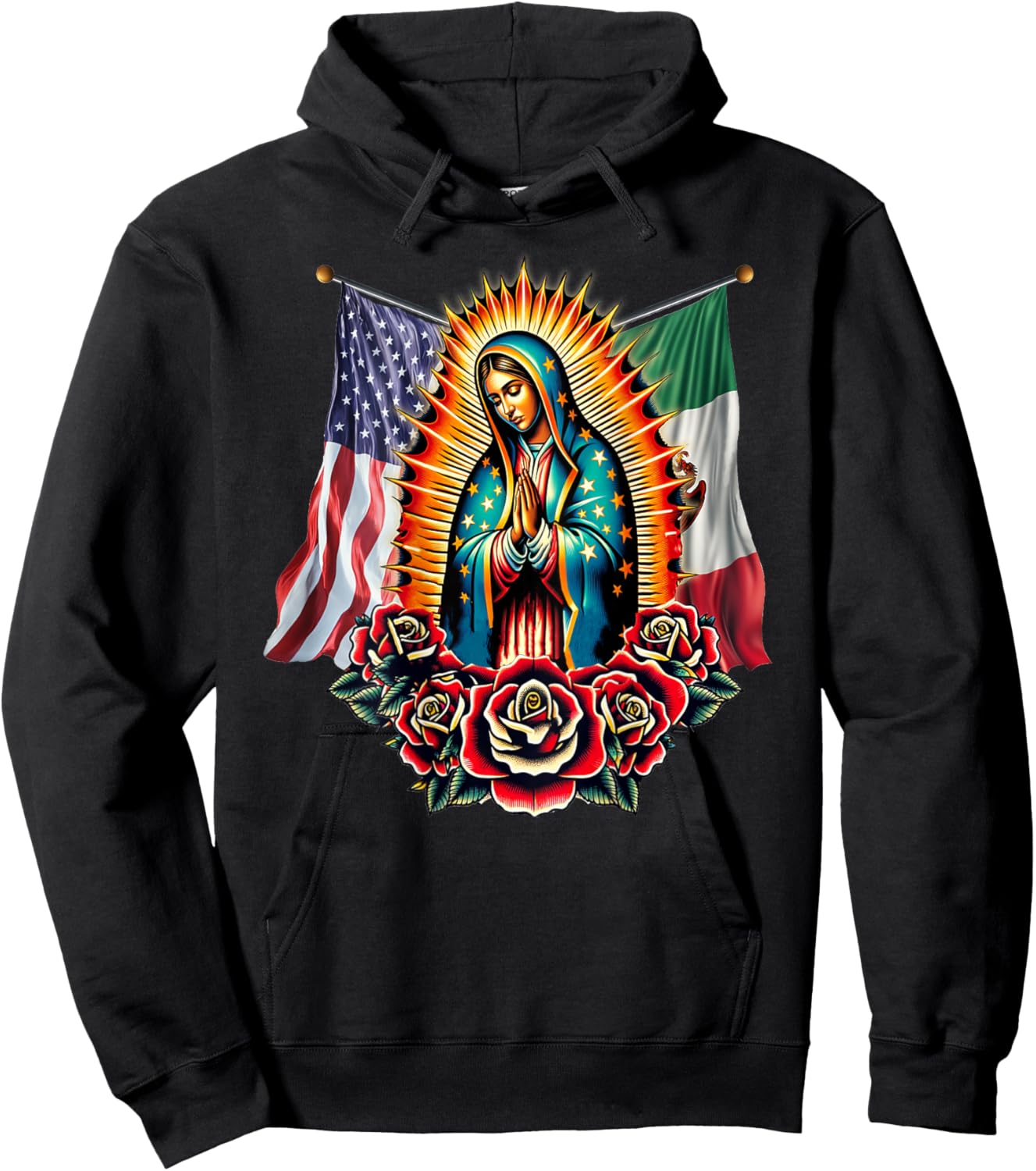 Virgen De Guadalupe Virgin Mary Mexican American Flag Hoodie - Hoodie | Black