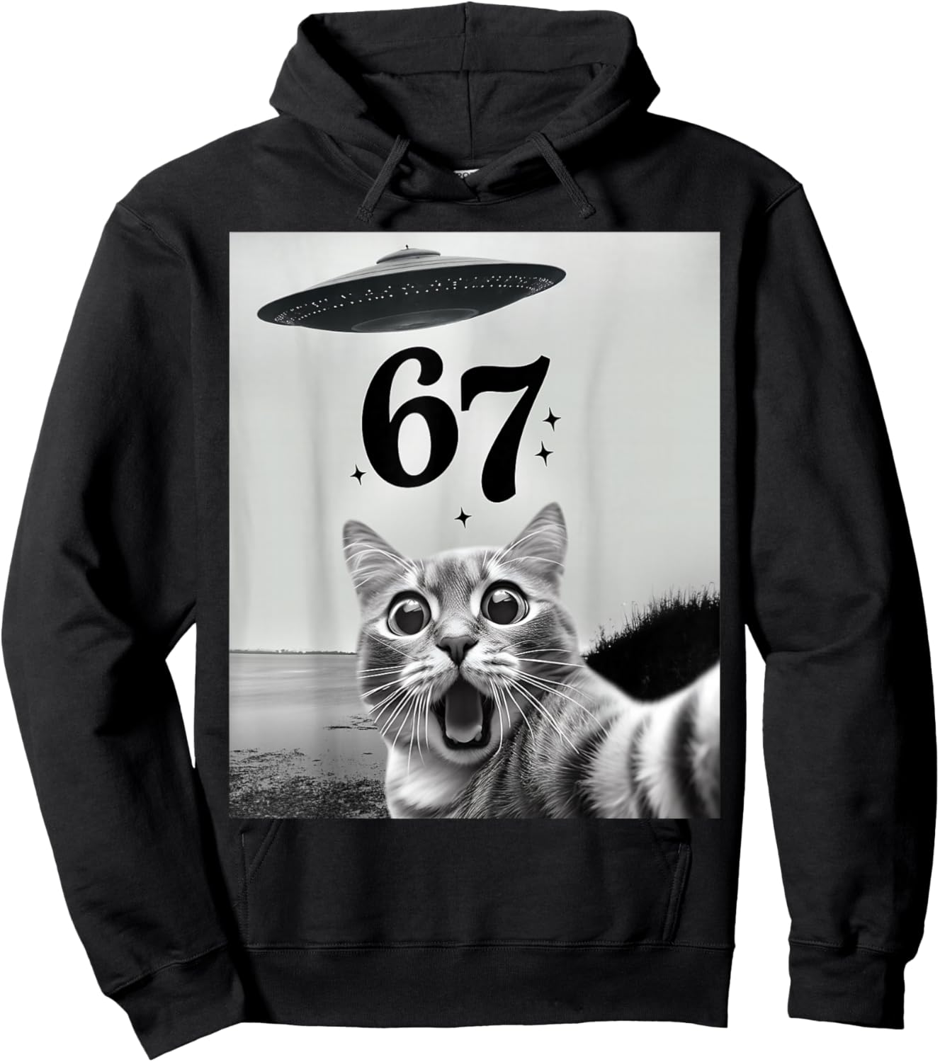 Cat Selfie with UFO and 67 Funny 6 7 Motif Hoodie - Hoodie | Black