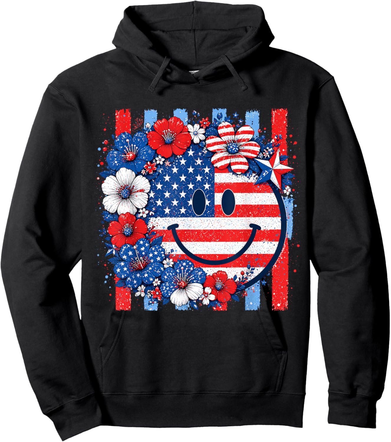 4th of July USA Smile Face Floral Patriotic Women Girl Hoodie - Hoodie | Black