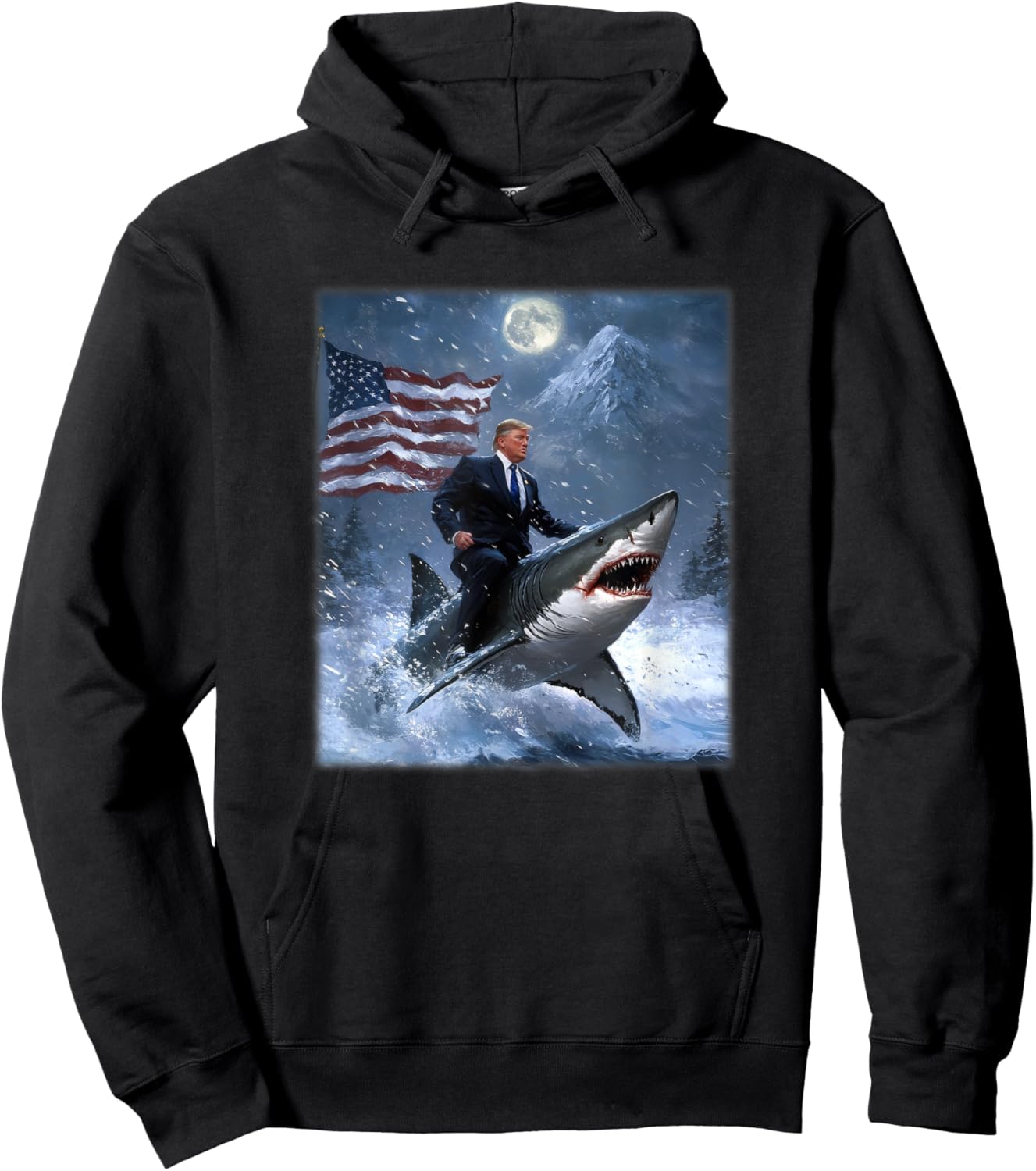 Donald Trump 2024 Riding A Shark American Flag Hoodie - Hoodie | Black