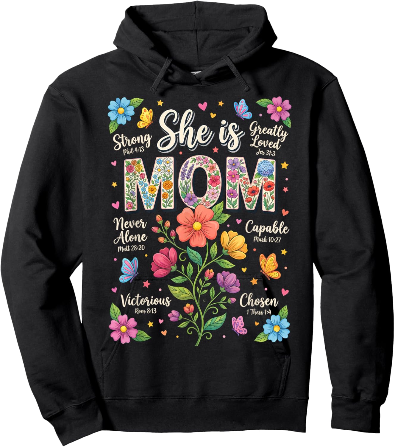 Christian She is Mom Bible Verses Boho Floral Mother's Day Hoodie - Hoodie | Black