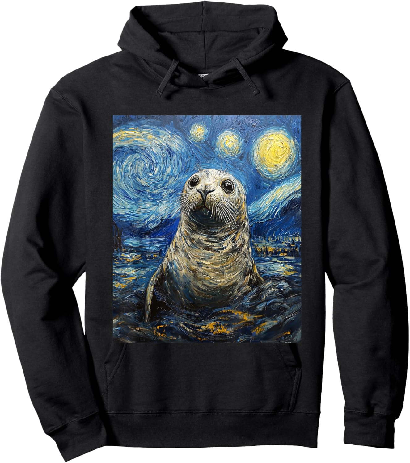 Cute Seal Sea Lion - Van Gogh Style - Starry Night Graphic Hoodie - Hoodie | Black