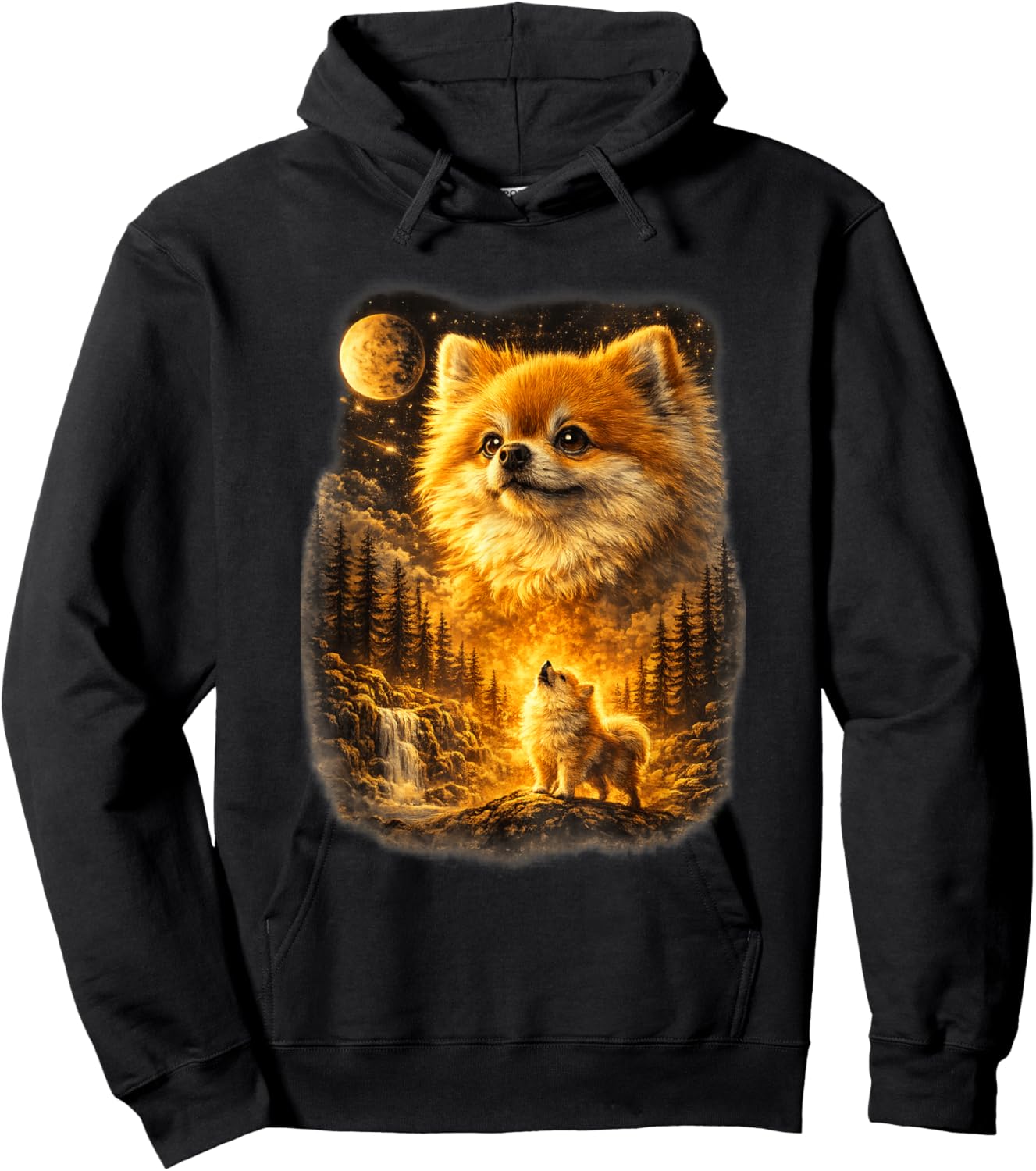 Pomeranian Howling to The Moon Vintage 90s Retro Animal Hoodie - Hoodie | Black