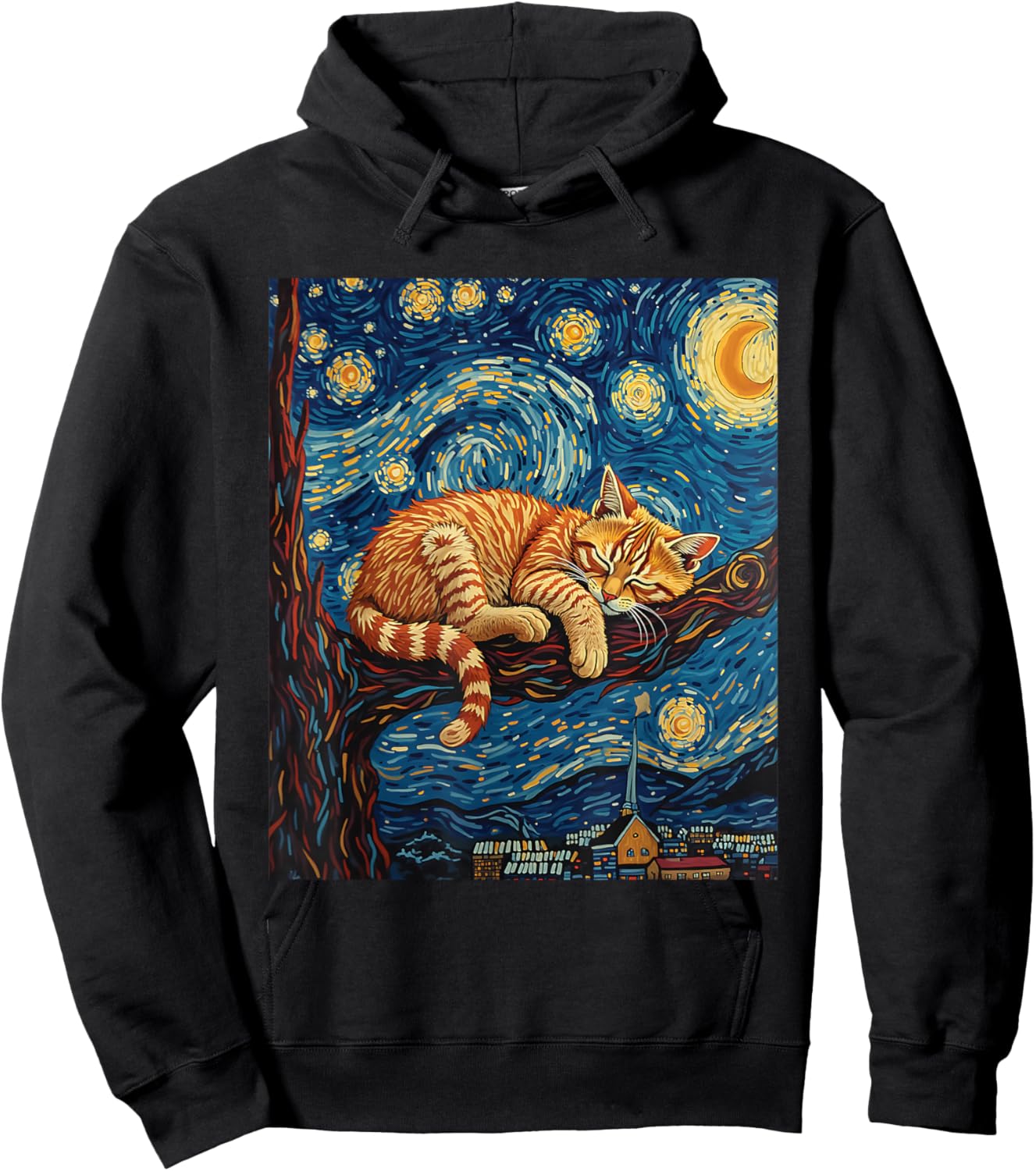 Charming Ginger Cat Van Gogh Starry Night Graphic Cat Lovers Hoodie - Hoodie | Black