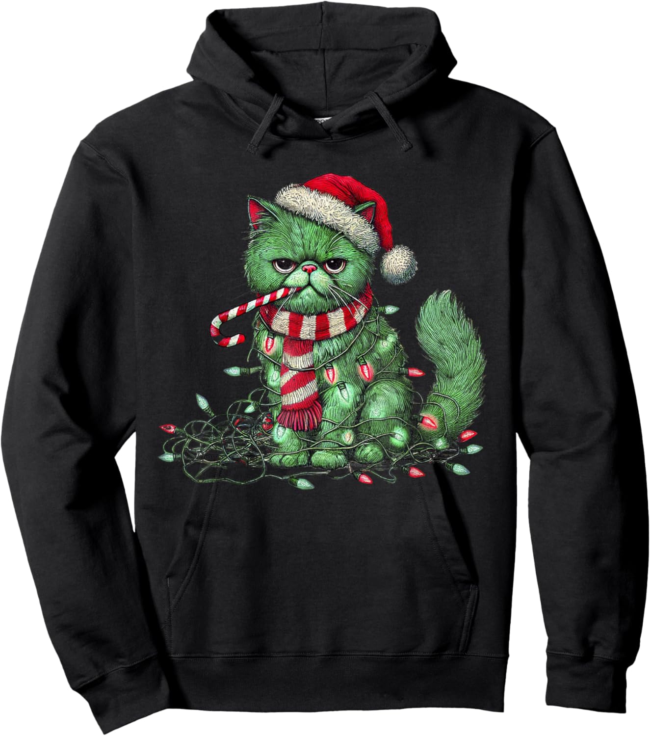 Christmas Cat with Santa Hat & Tree Lights Christmas cat Hoodie - Hoodie | Black